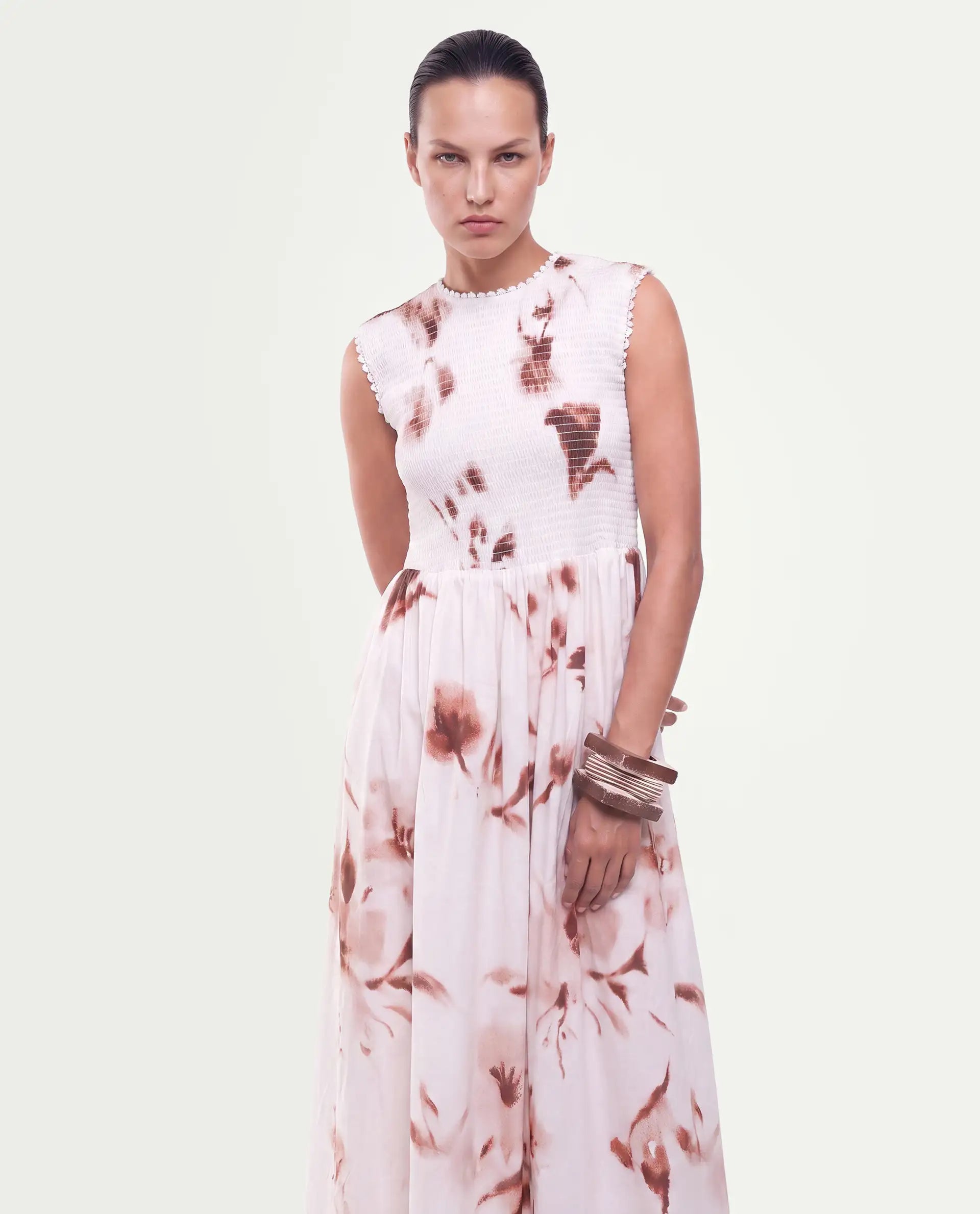Rareism Women's Yorga Off White Cotton Button Fit And Flare Abstract Print Dress