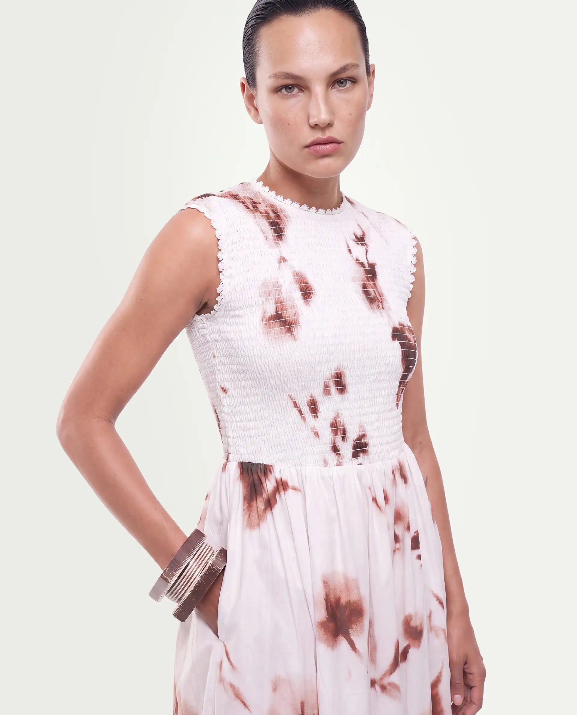 Rareism Women's Yorga Off White Cotton Button Fit And Flare Abstract Print Dress