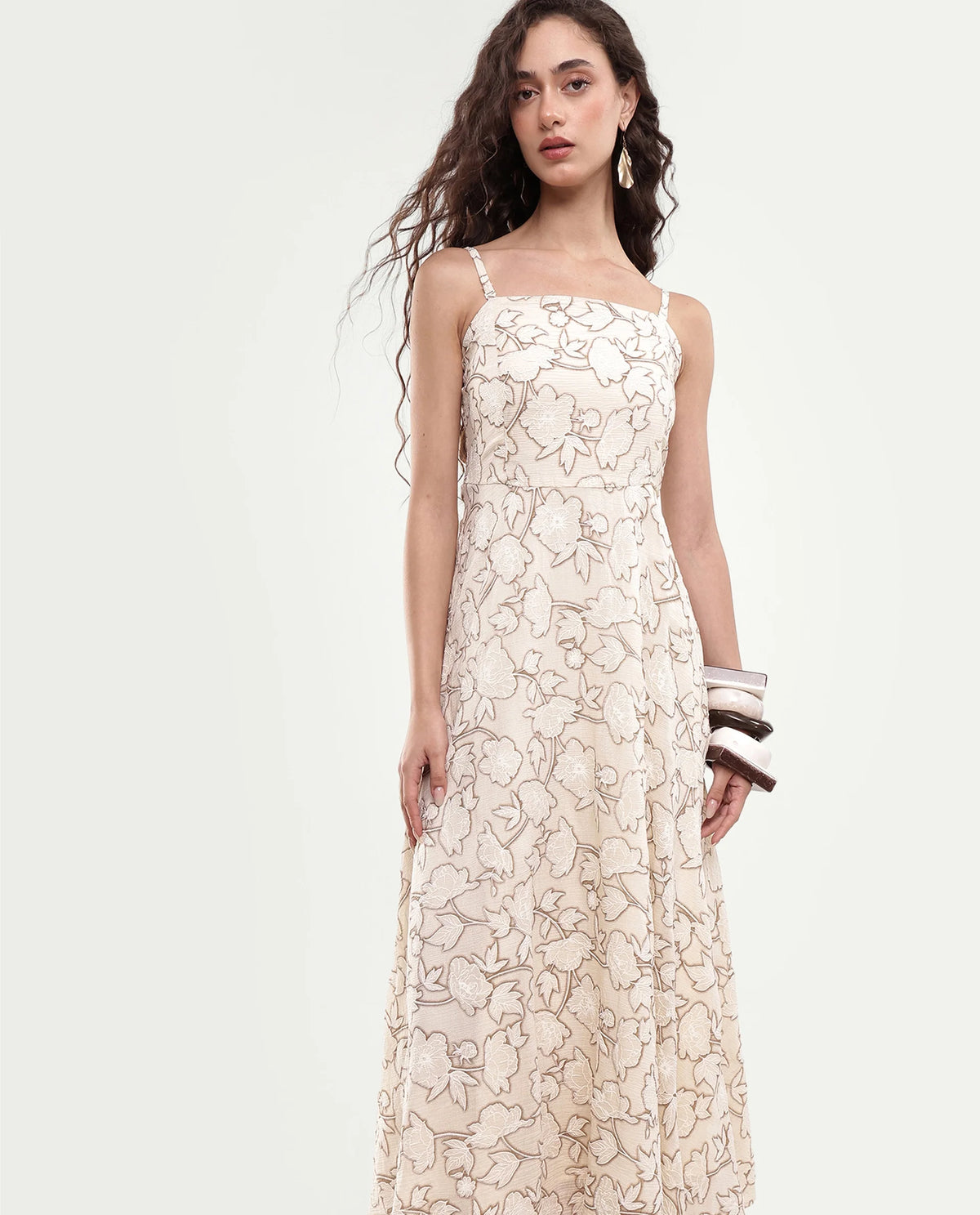 Rareism Women's Yadi Off White Floral Viscose Blend Fit And Flare Sleeveless Maxi Dress