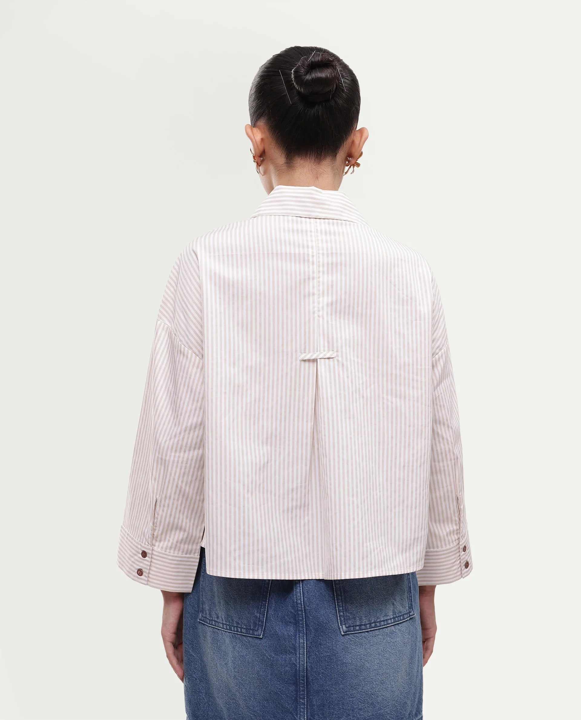 Rareism Women's Yusi Beige Cotton Button Relaxed Fit Striped Shirt