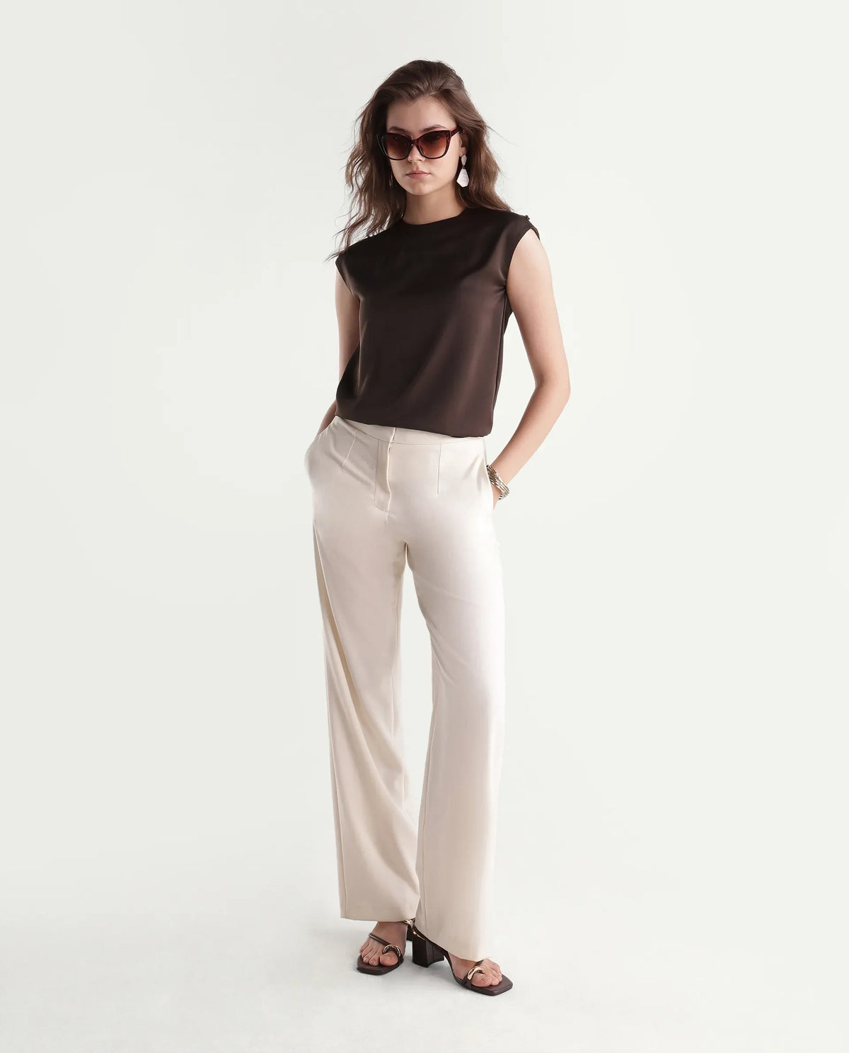 Rareism Women's Odil Brown Polyester Button Regular Fit Plain Top