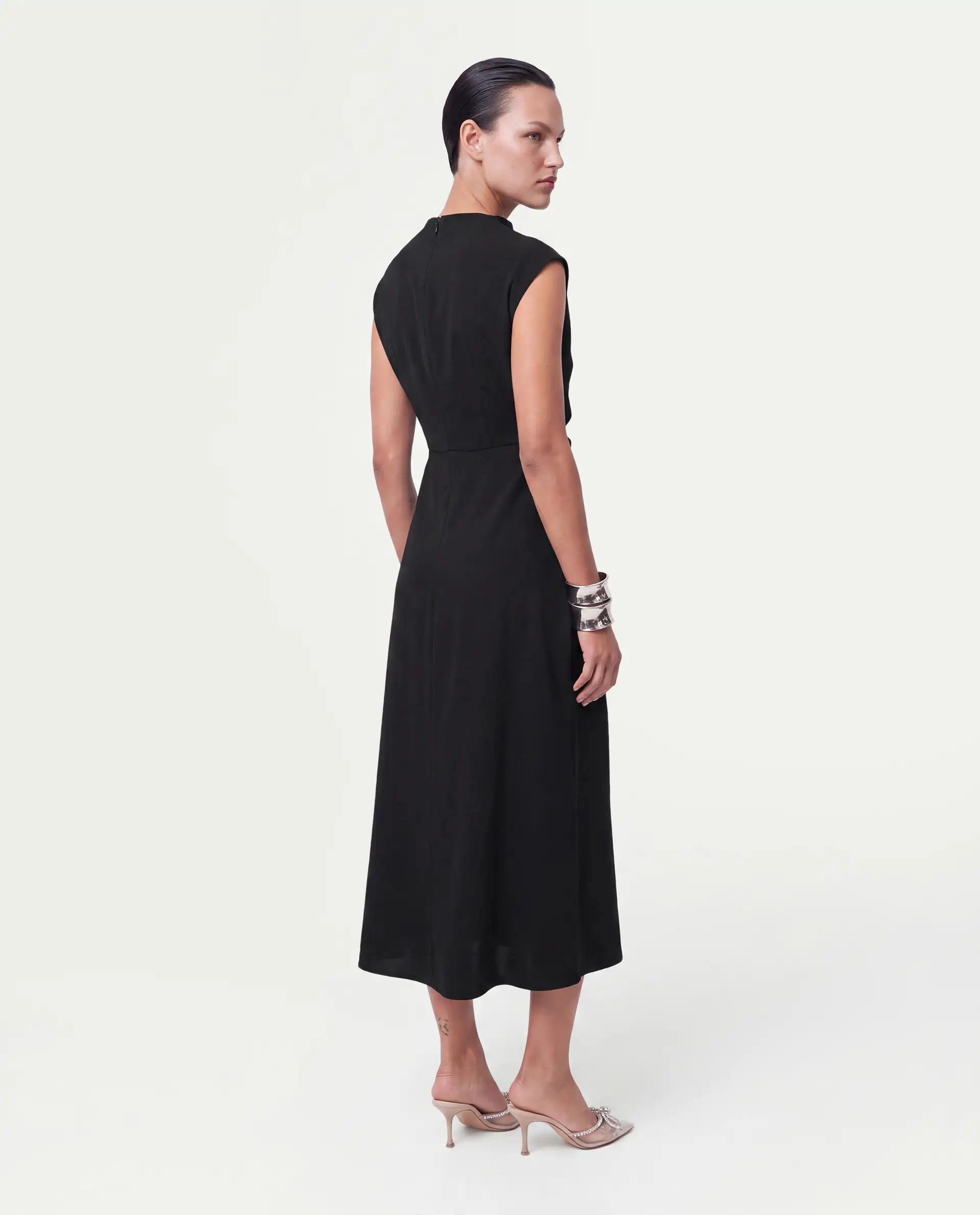 Rareism Women's Otim Black Polyester Button And Zip A-Line Plain Dress