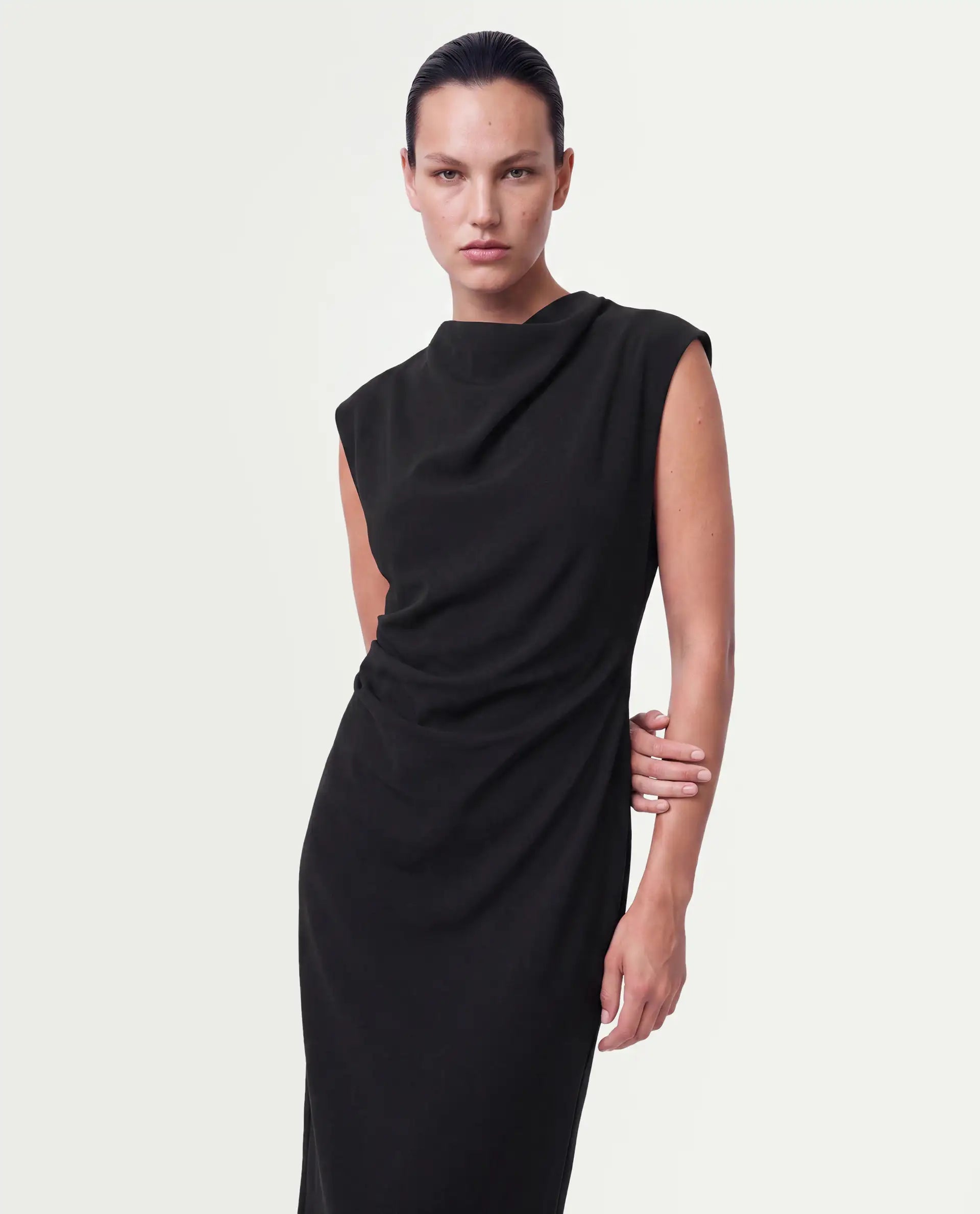 Rareism Women's Otim Black Polyester Button And Zip A-Line Plain Dress