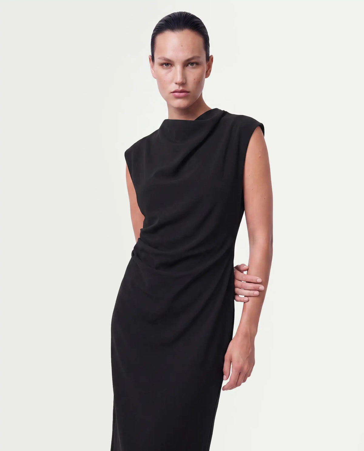 Rareism Women's Otim Black Polyester Button And Zip A-Line Plain Dress