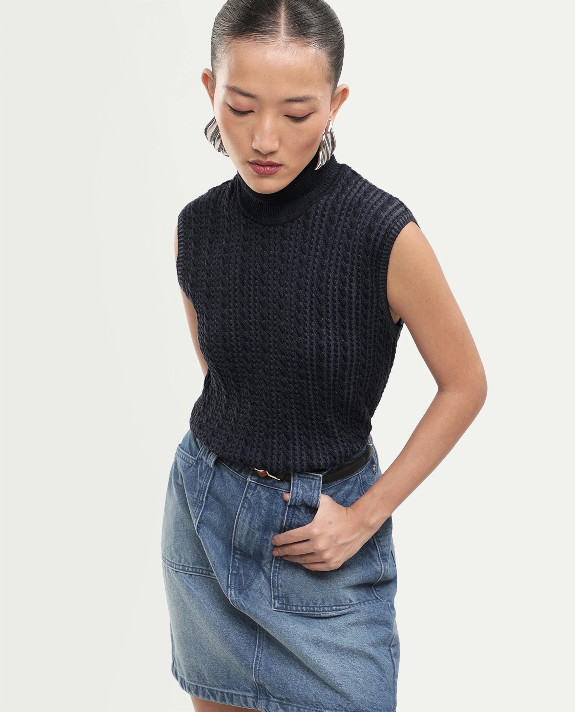 Rareism Women's Lindo Black Cotton Turtle Neck Regular Textured Top