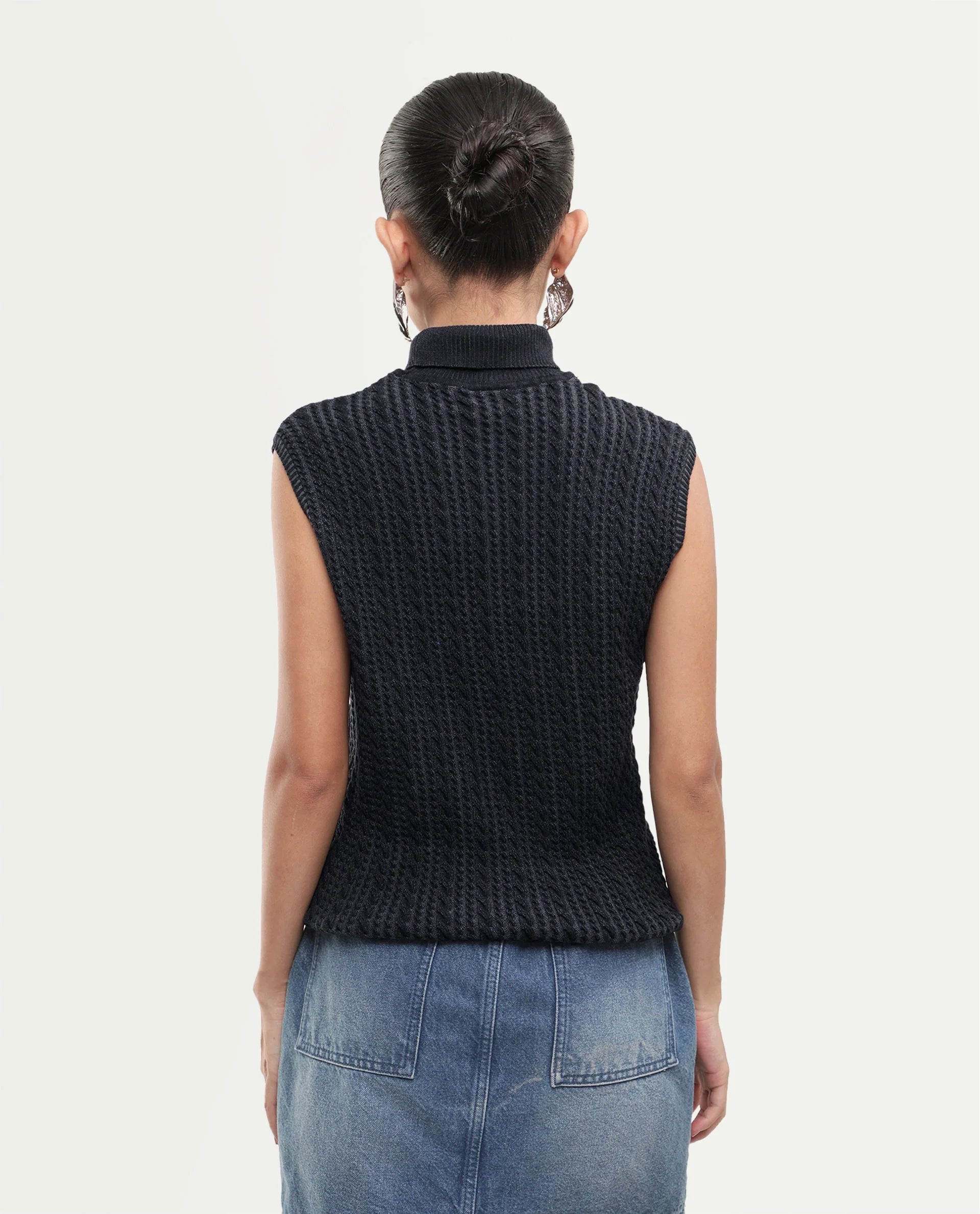 Rareism Women's Lindo Black Cotton Turtle Neck Regular Textured Top