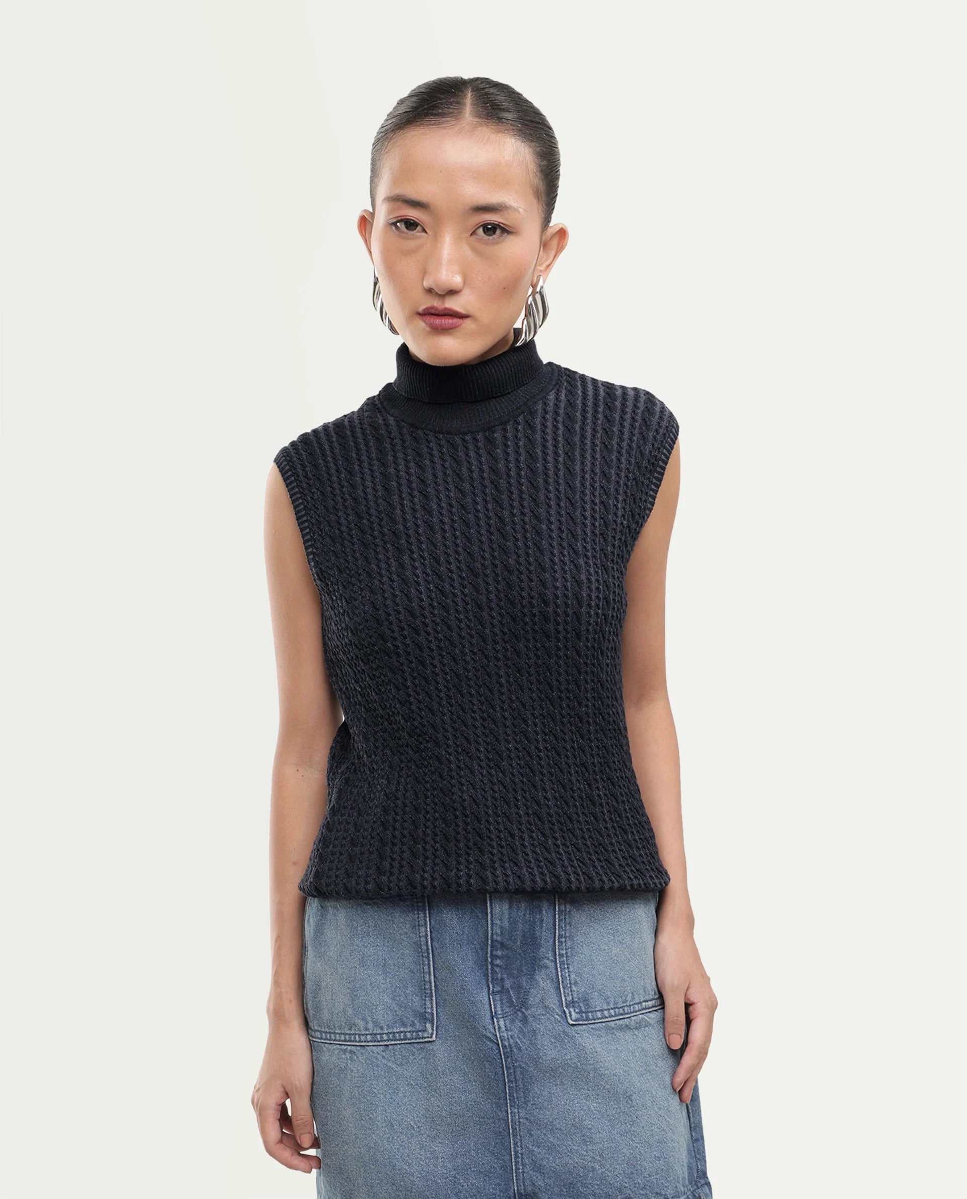 Rareism Women's Lindo Black Cotton Turtle Neck Regular Textured Top