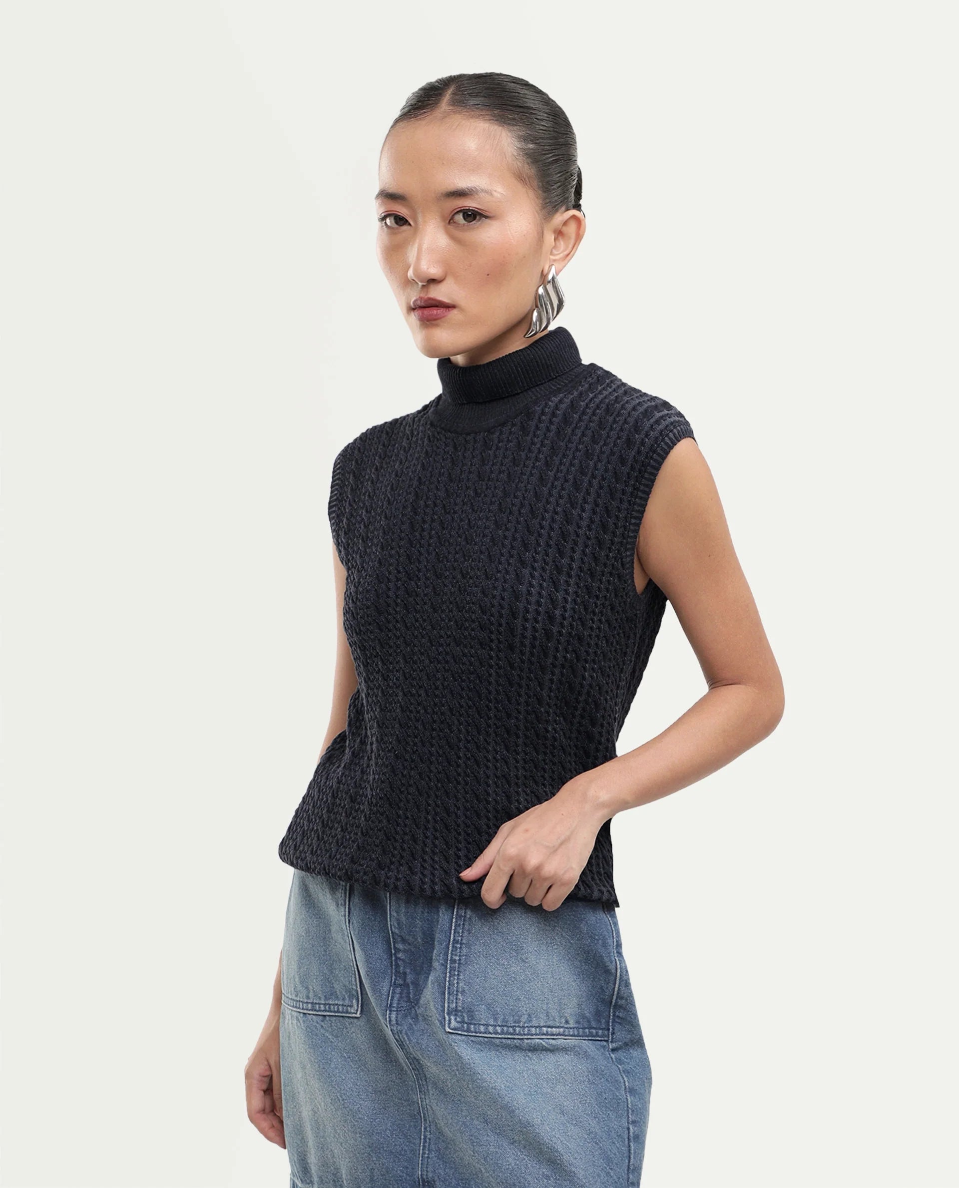Rareism Women's Lindo Black Cotton Turtle Neck Regular Textured Top