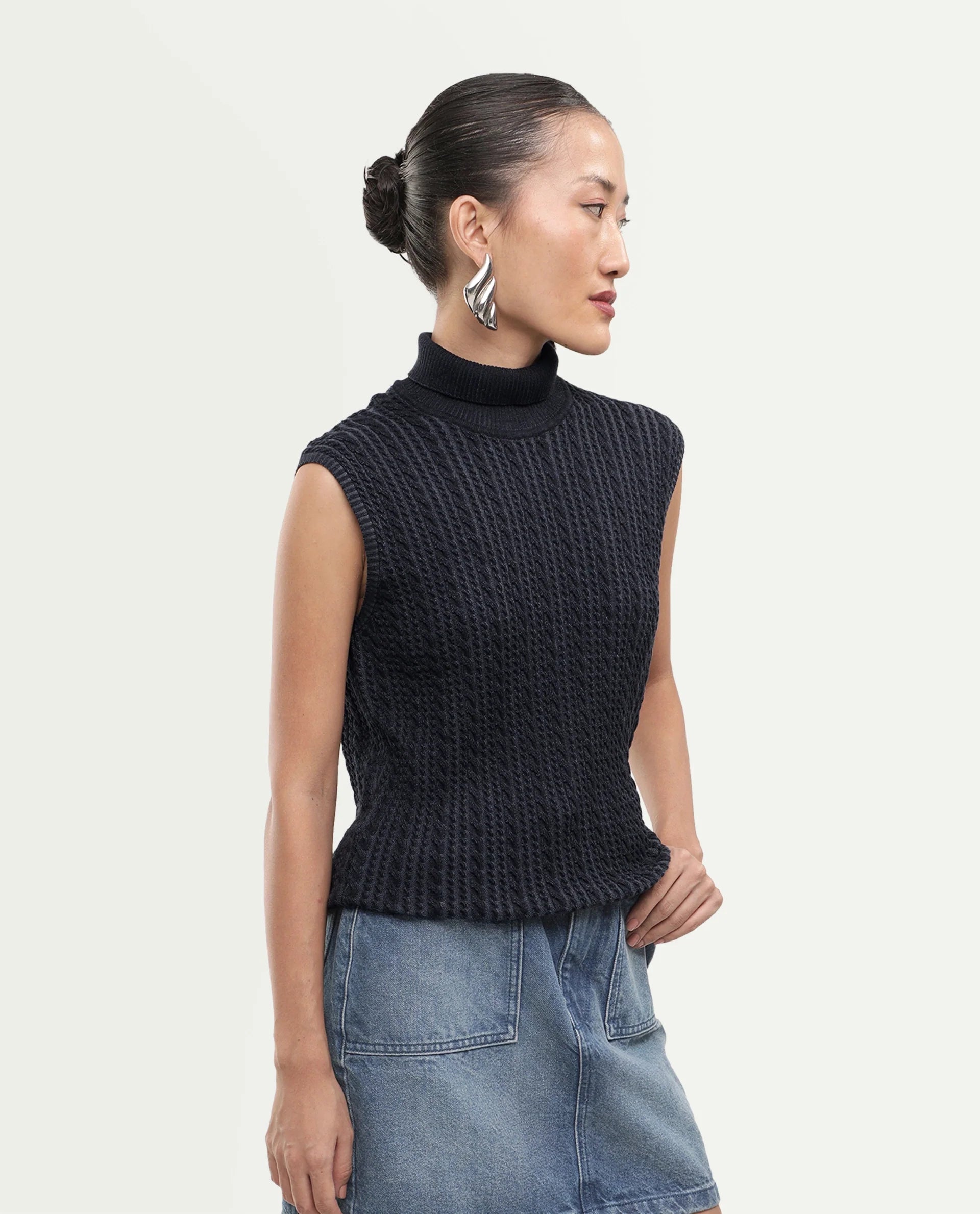 Rareism Women's Lindo Black Cotton Turtle Neck Regular Textured Top