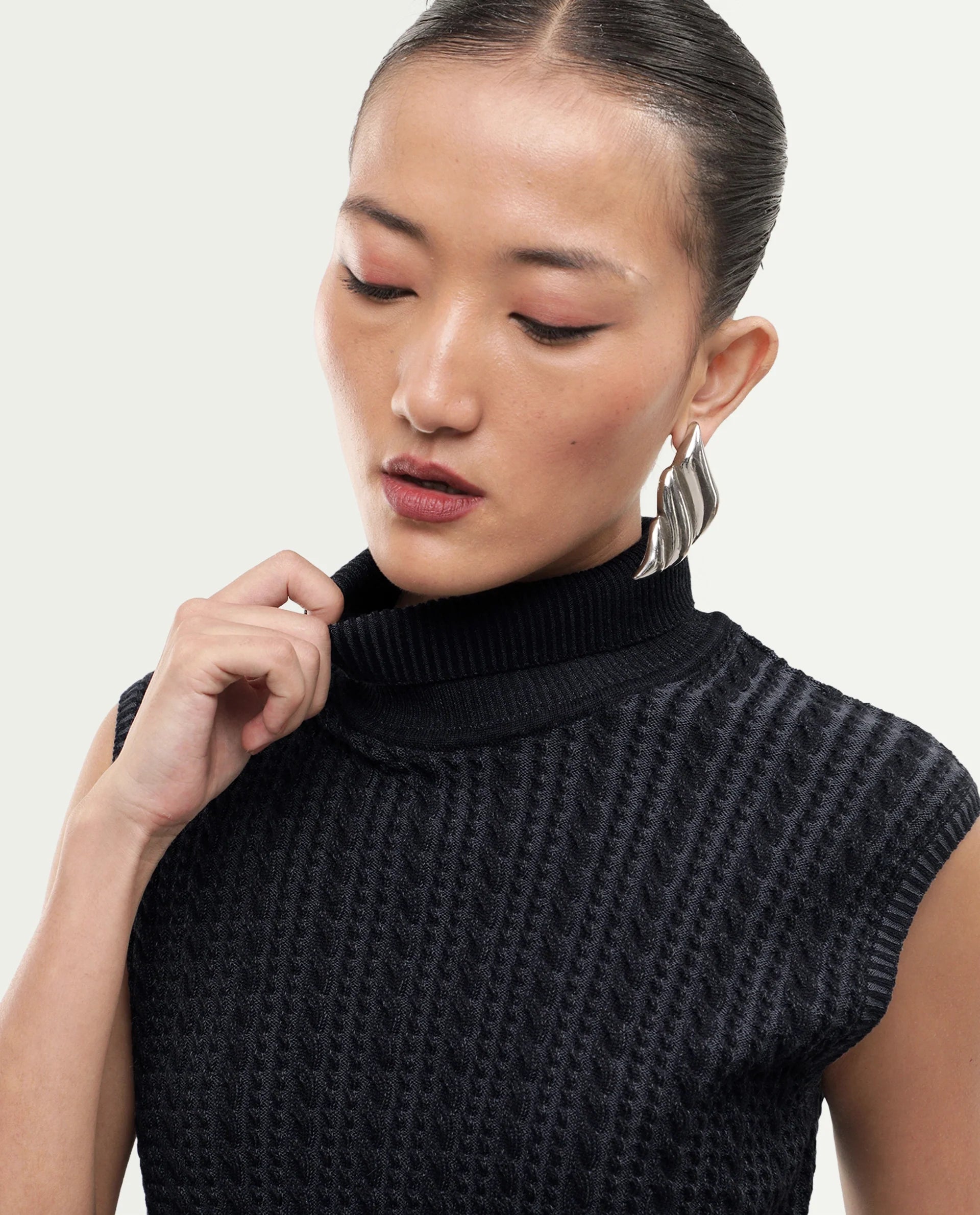 Rareism Women's Lindo Black Cotton Turtle Neck Regular Textured Top