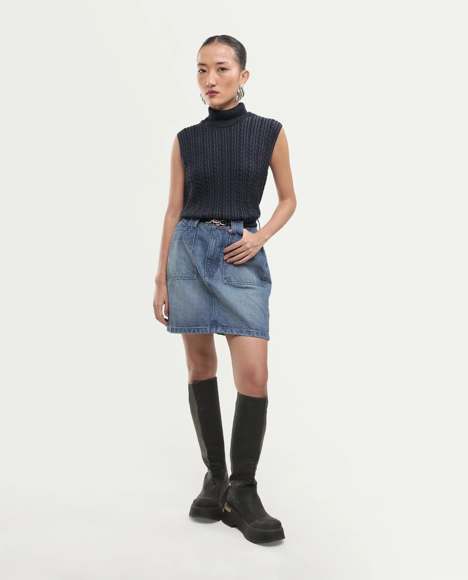 Rareism Women's Lindo Black Cotton Turtle Neck Regular Textured Top