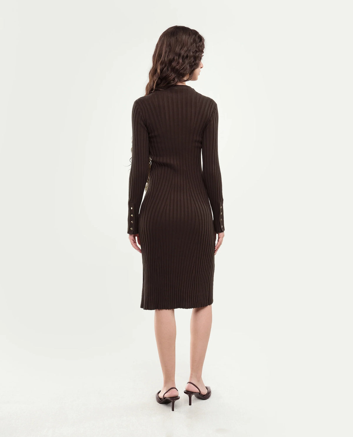Rareism Women's Locos Dark Brown Cotton Crew Neck Slim Plain Dress