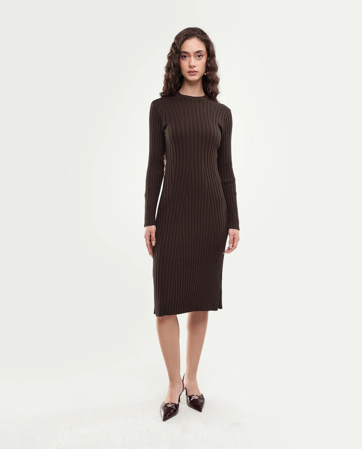 Rareism Women's Locos Dark Brown Cotton Crew Neck Slim Plain Dress