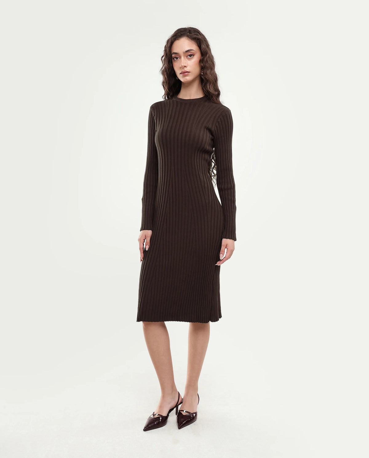 Rareism Women's Locos Dark Brown Cotton Crew Neck Slim Plain Dress