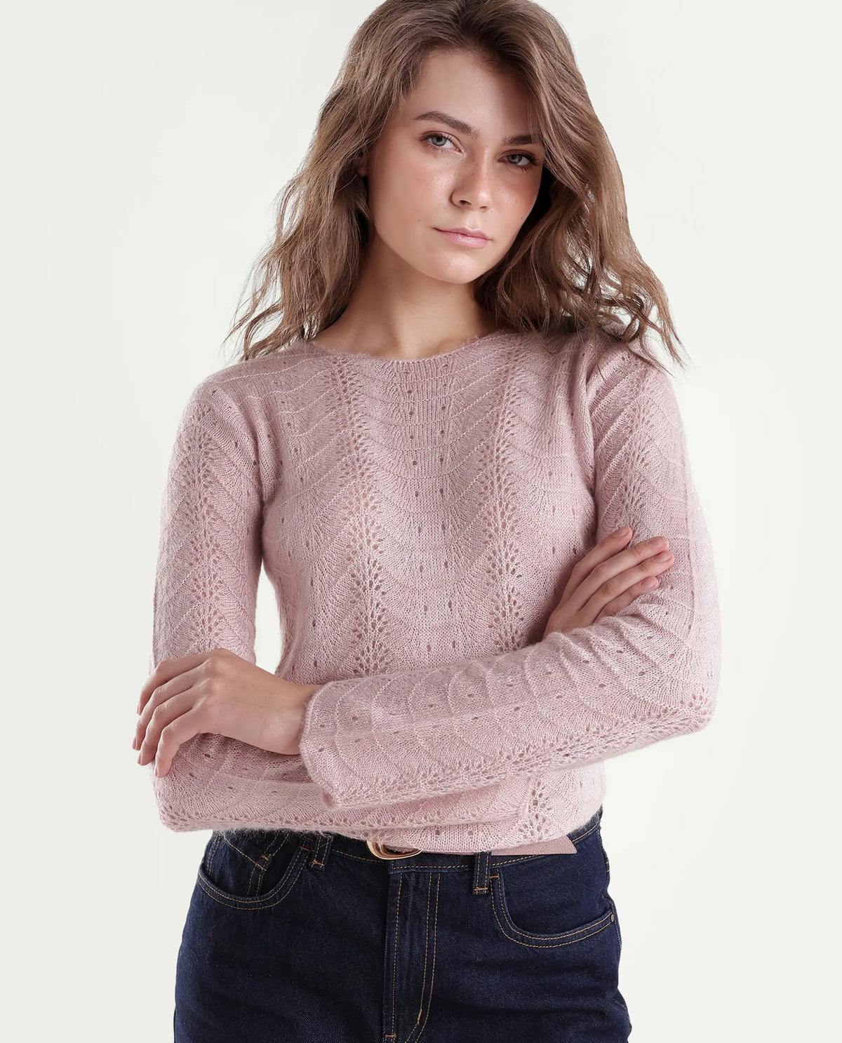 Rareism Women's Liry Light Pink Acrylic Blend Pull-On Regular Fit Sweater