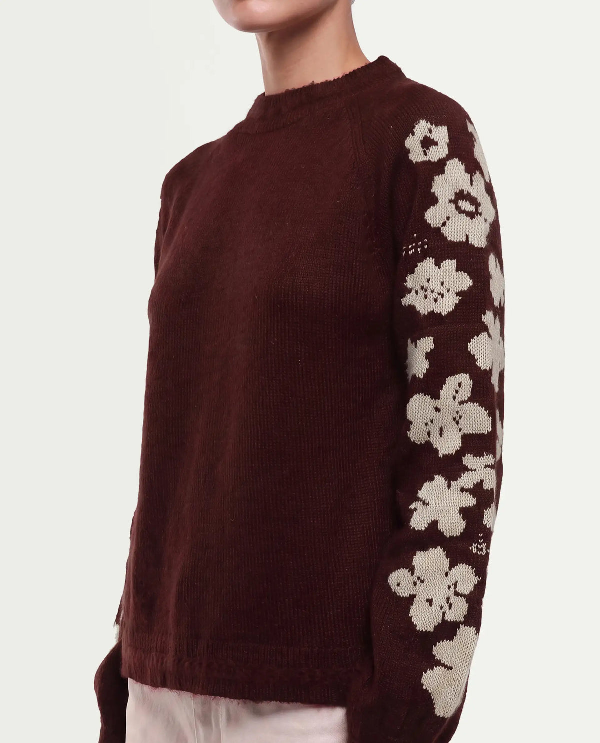 Rareism Women's Zaneaw26 Dark Maroon Acrylic Blend Pull-On Relaxed Fit Floral Print Sweater
