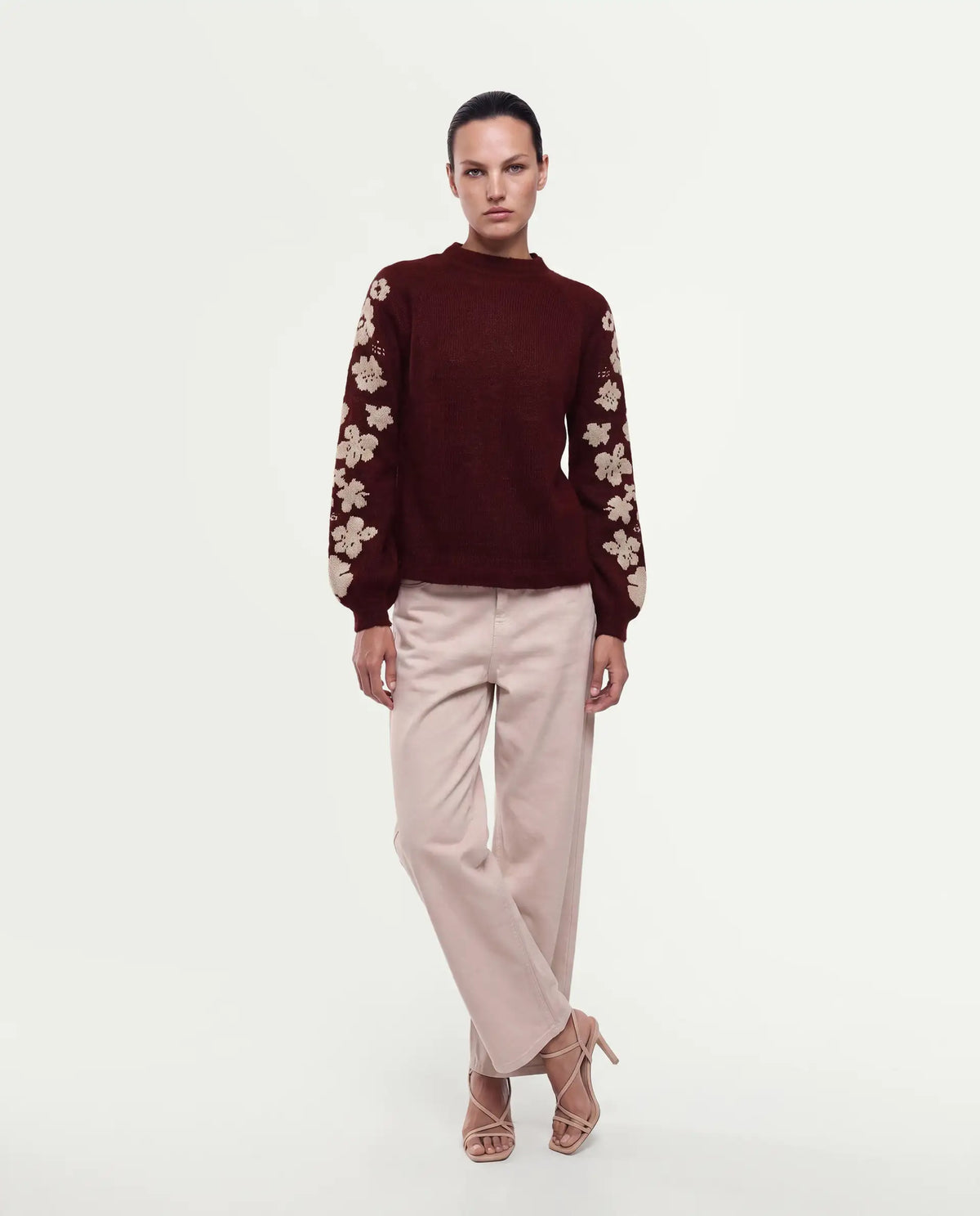 Rareism Women's Zaneaw26 Dark Maroon Acrylic Blend Pull-On Relaxed Fit Floral Print Sweater