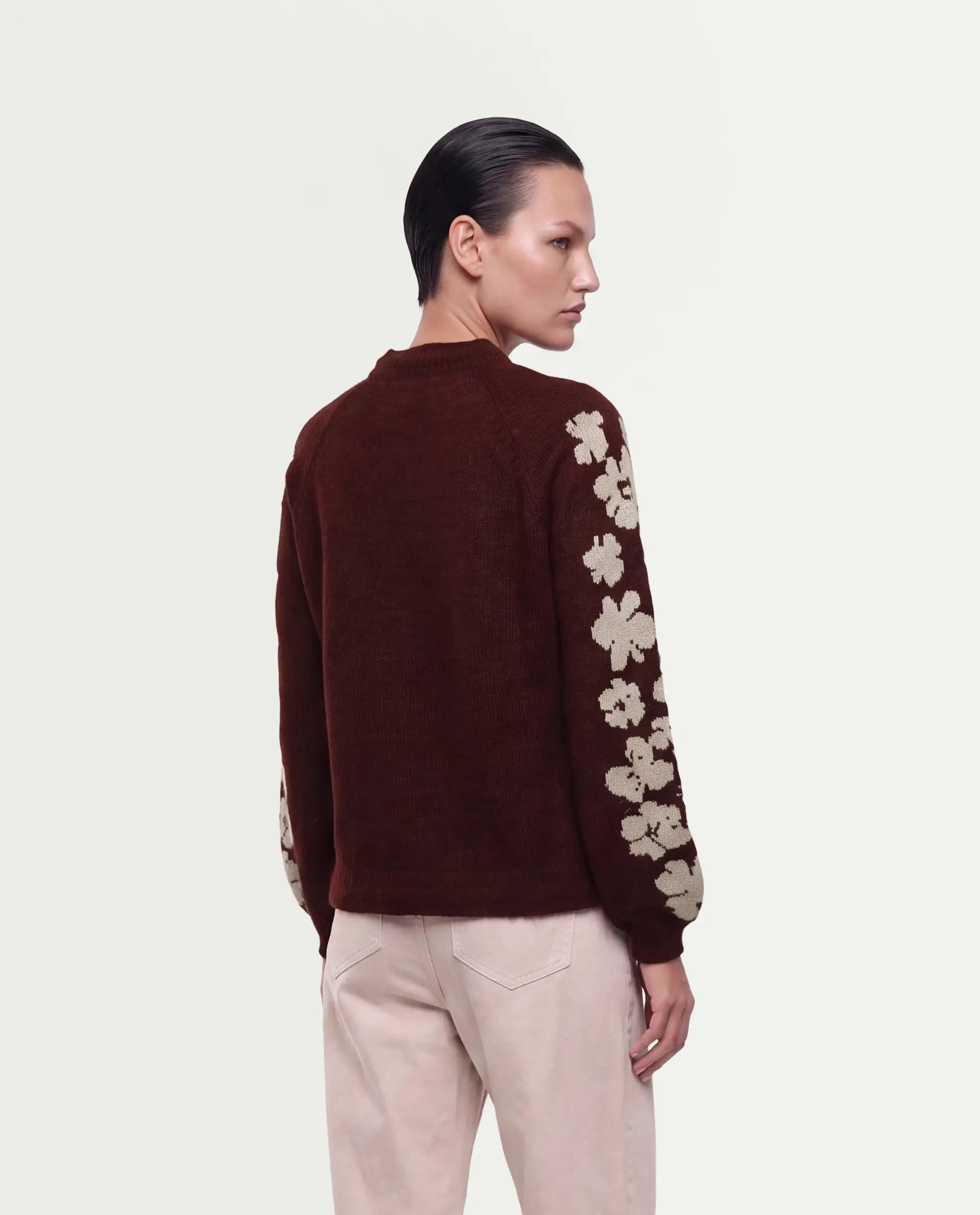 Rareism Women's Zaneaw26 Dark Maroon Acrylic Blend Pull-On Relaxed Fit Floral Print Sweater