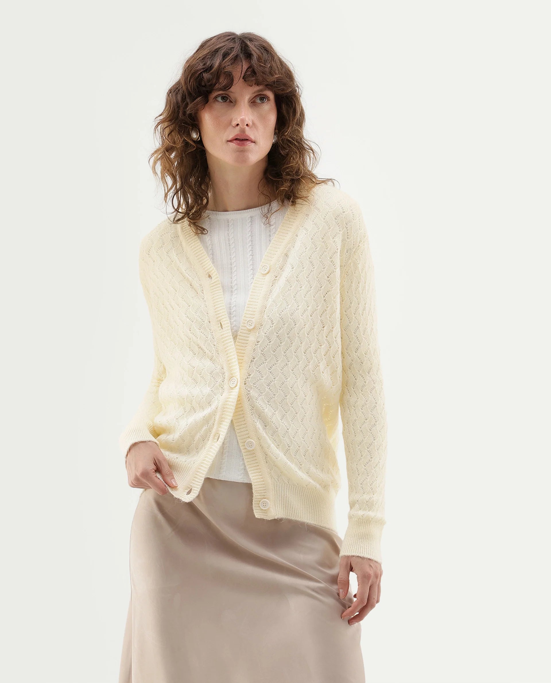 Rareism Women's Lence-A Off White Acrylic Blend Button Relaxed Fit Cardigan