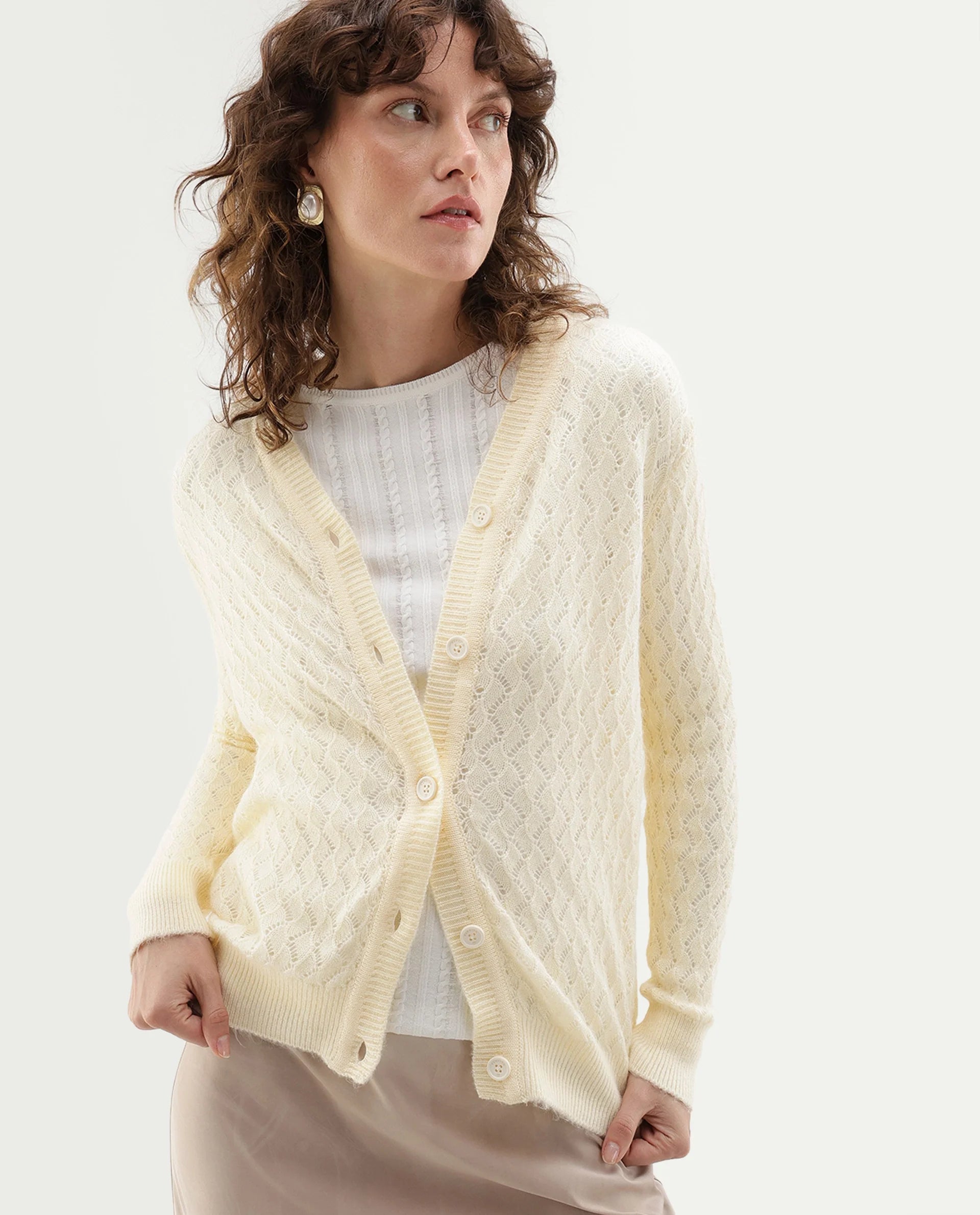 Rareism Women's Lence-A Off White Acrylic Blend Button Relaxed Fit Cardigan