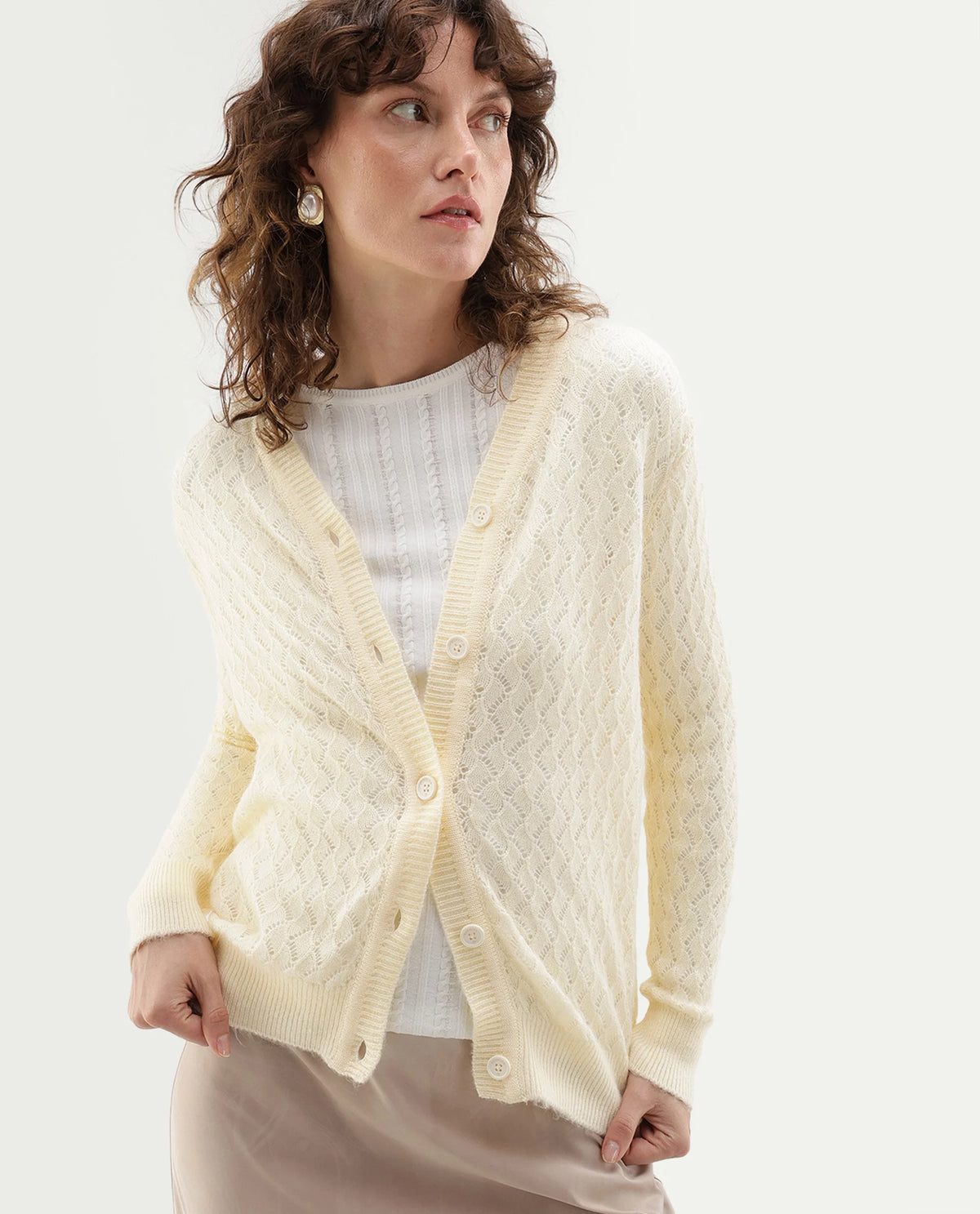 Rareism Women's Lence-A Off White Acrylic Blend Button Relaxed Fit Cardigan