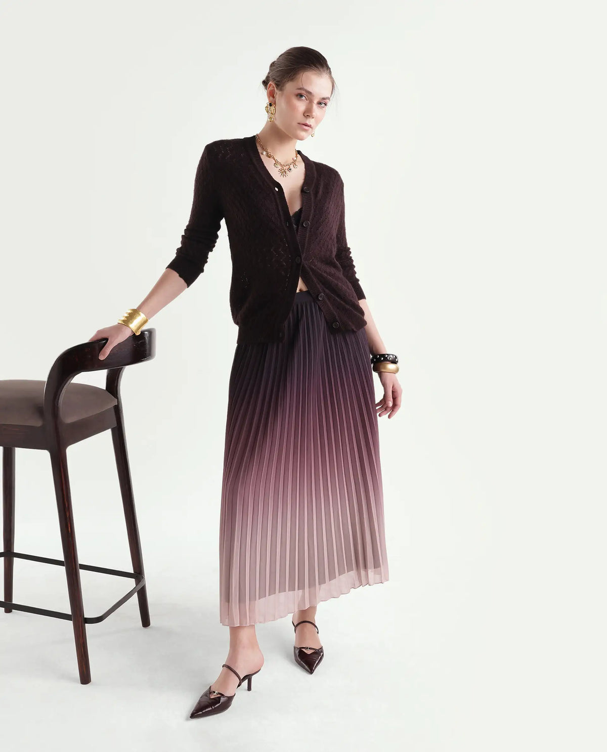 Rareism Women's Lence-A Dark Maroon Acrylic Blend Button Relaxed Fit Cardigan