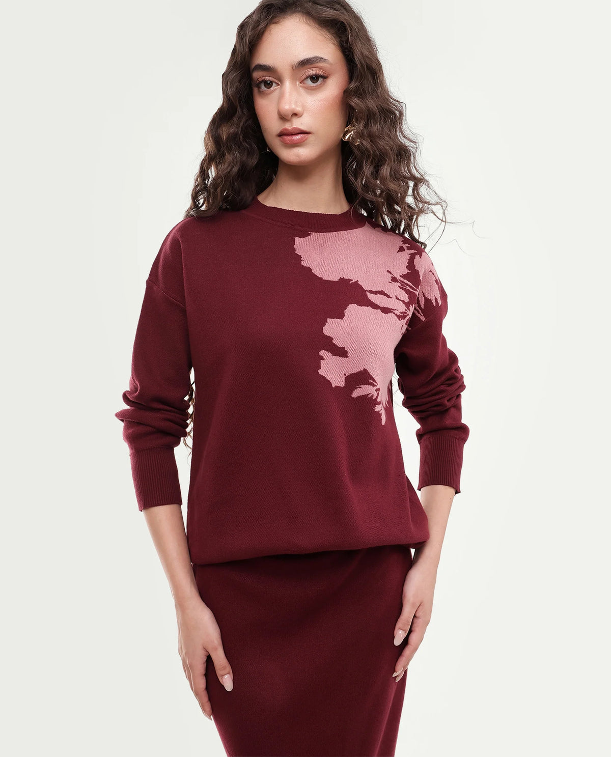 Rareism Women's Lacqua-T Dark Maroon Cotton Pull-On Relaxed Fit Floral Print Sweater