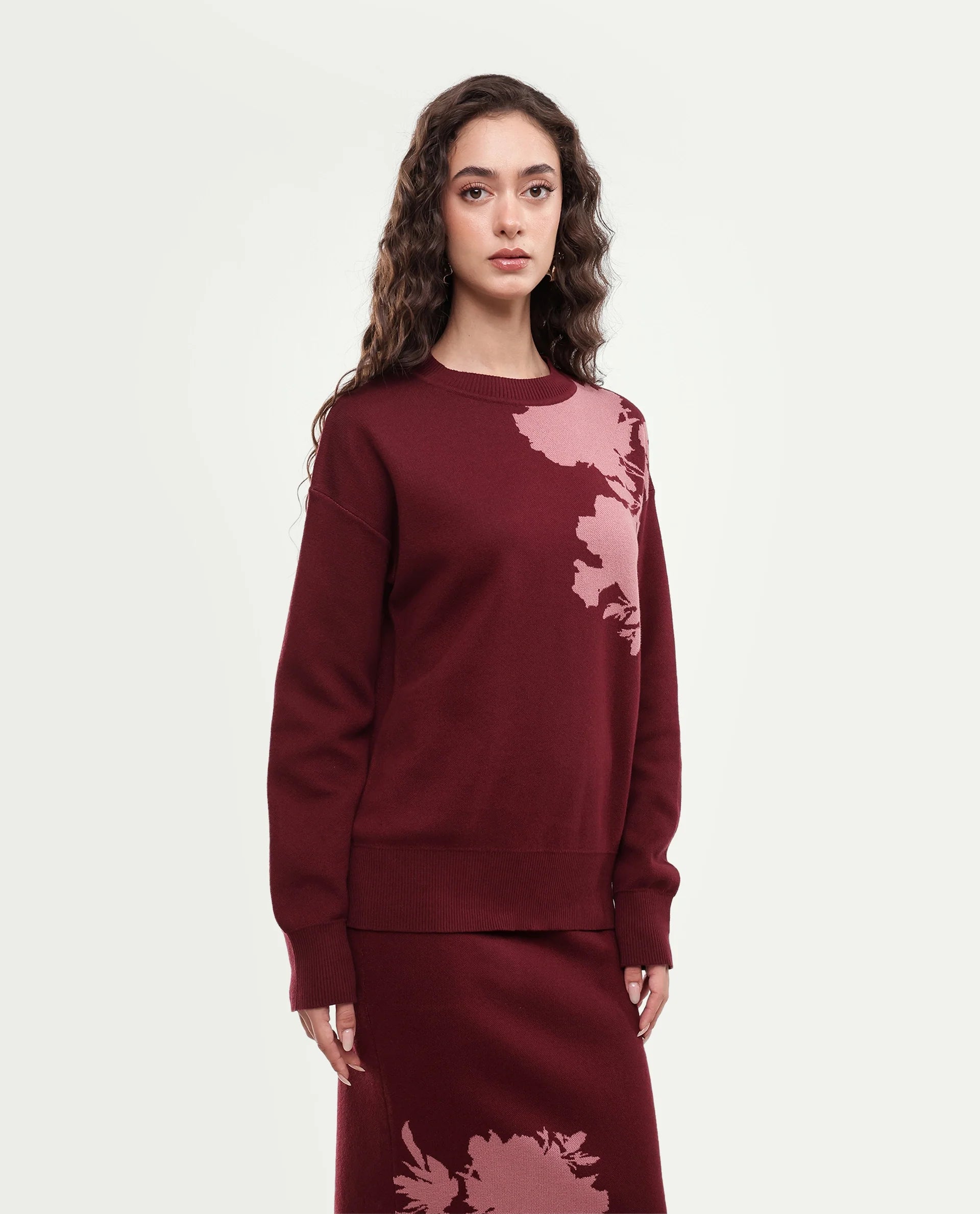 Rareism Women's Lacqua-T Dark Maroon Cotton Pull-On Relaxed Fit Floral Print Sweater
