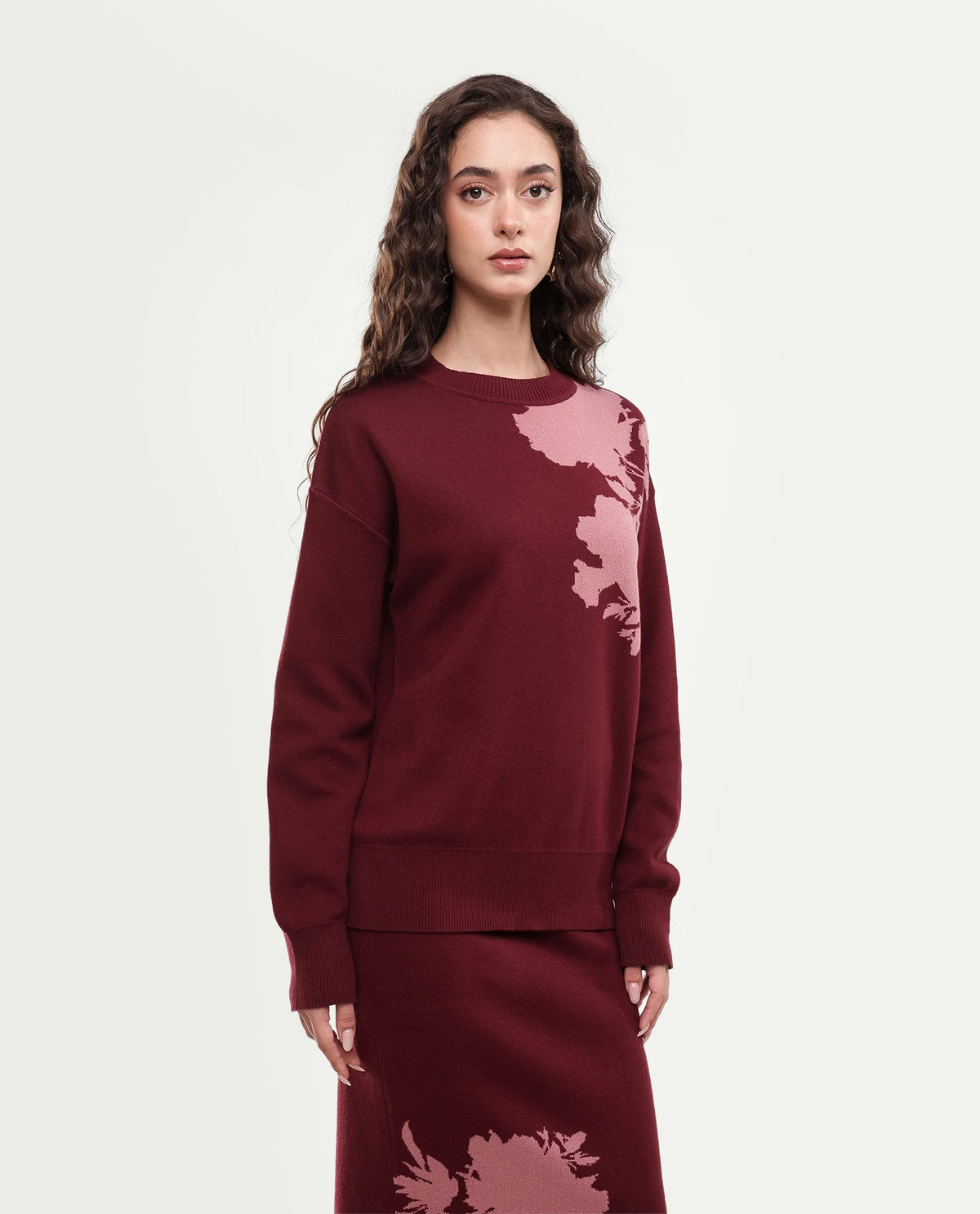 Rareism Women's Lacqua-T Dark Maroon Cotton Pull-On Relaxed Fit Floral Print Sweater