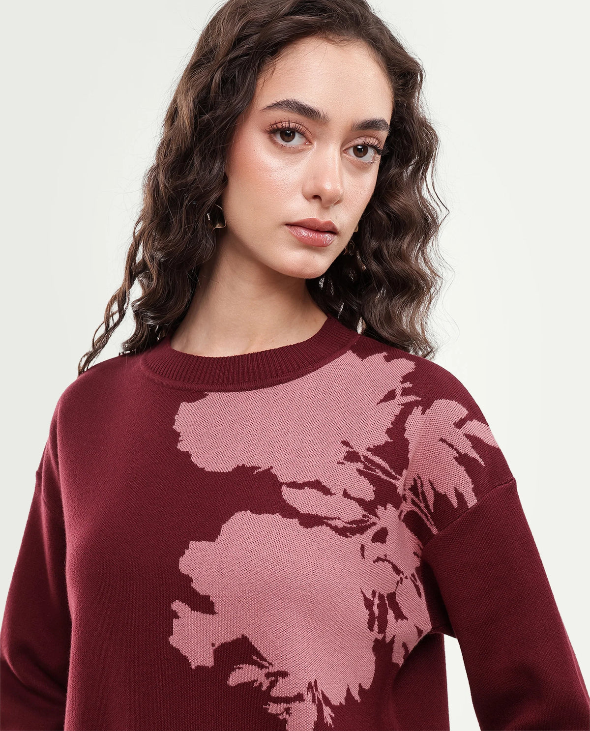 Rareism Women's Lacqua-T Dark Maroon Cotton Pull-On Relaxed Fit Floral Print Sweater