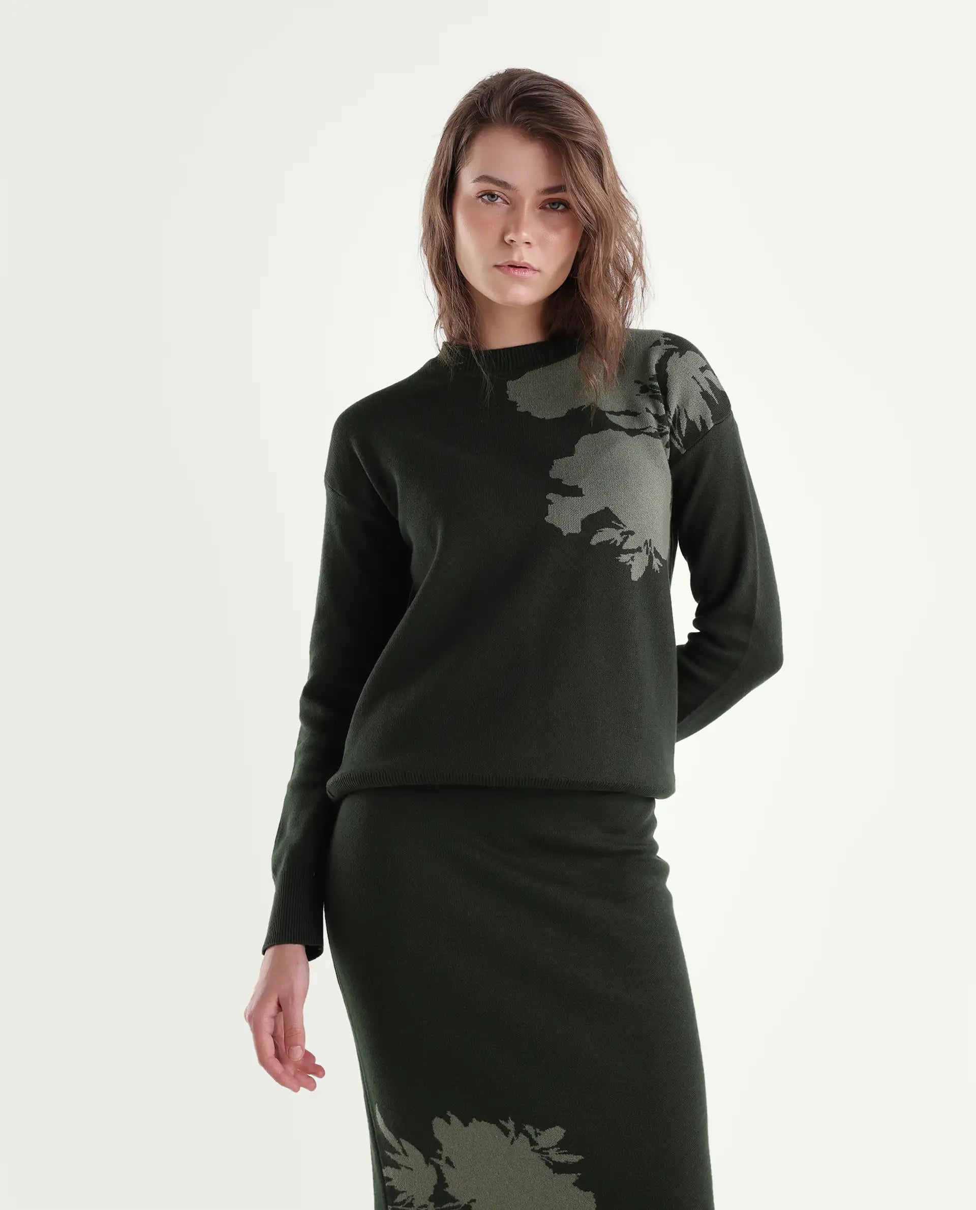 Rareism Women's Lacqua-T Dark Olive Cotton Pull-On Relaxed Fit Floral Print Sweater
