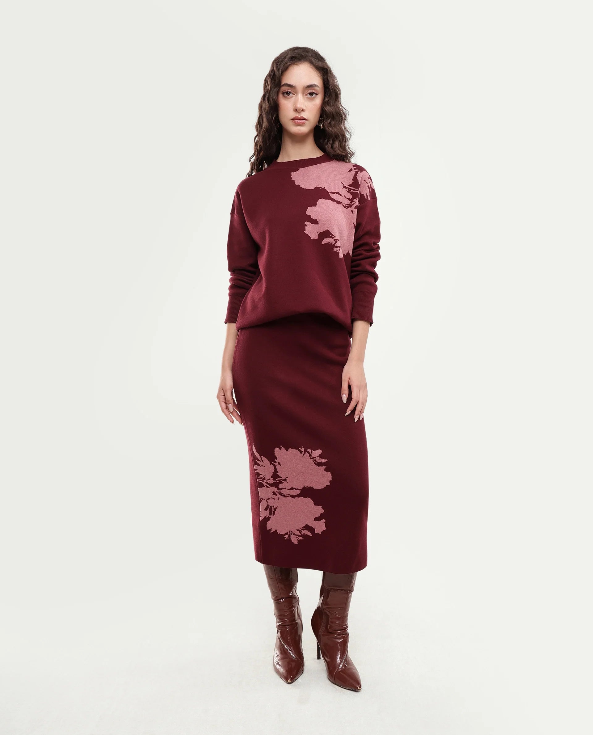 Rareism Women's Lacqua-B Dark Maroon Cotton Pull-On Straight Jacquard Skirt