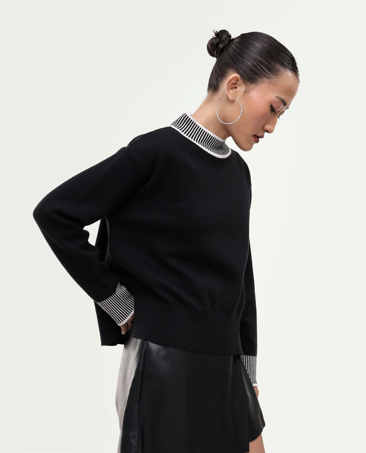Rareism Women's Liber-T Black Cotton Pull-On Relaxed Fit Sweater