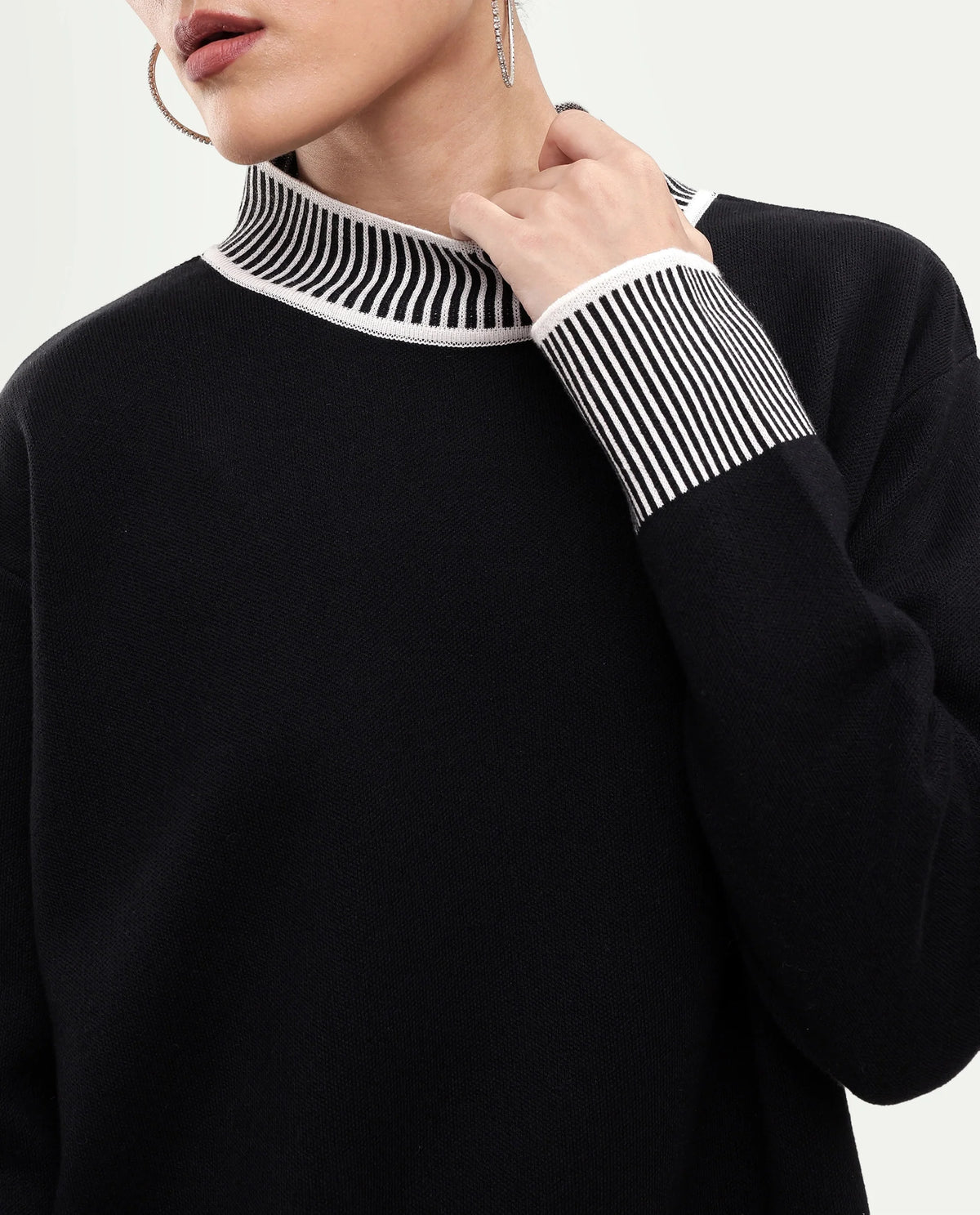 Rareism Women's Liber-T Black Cotton Pull-On Relaxed Fit Sweater
