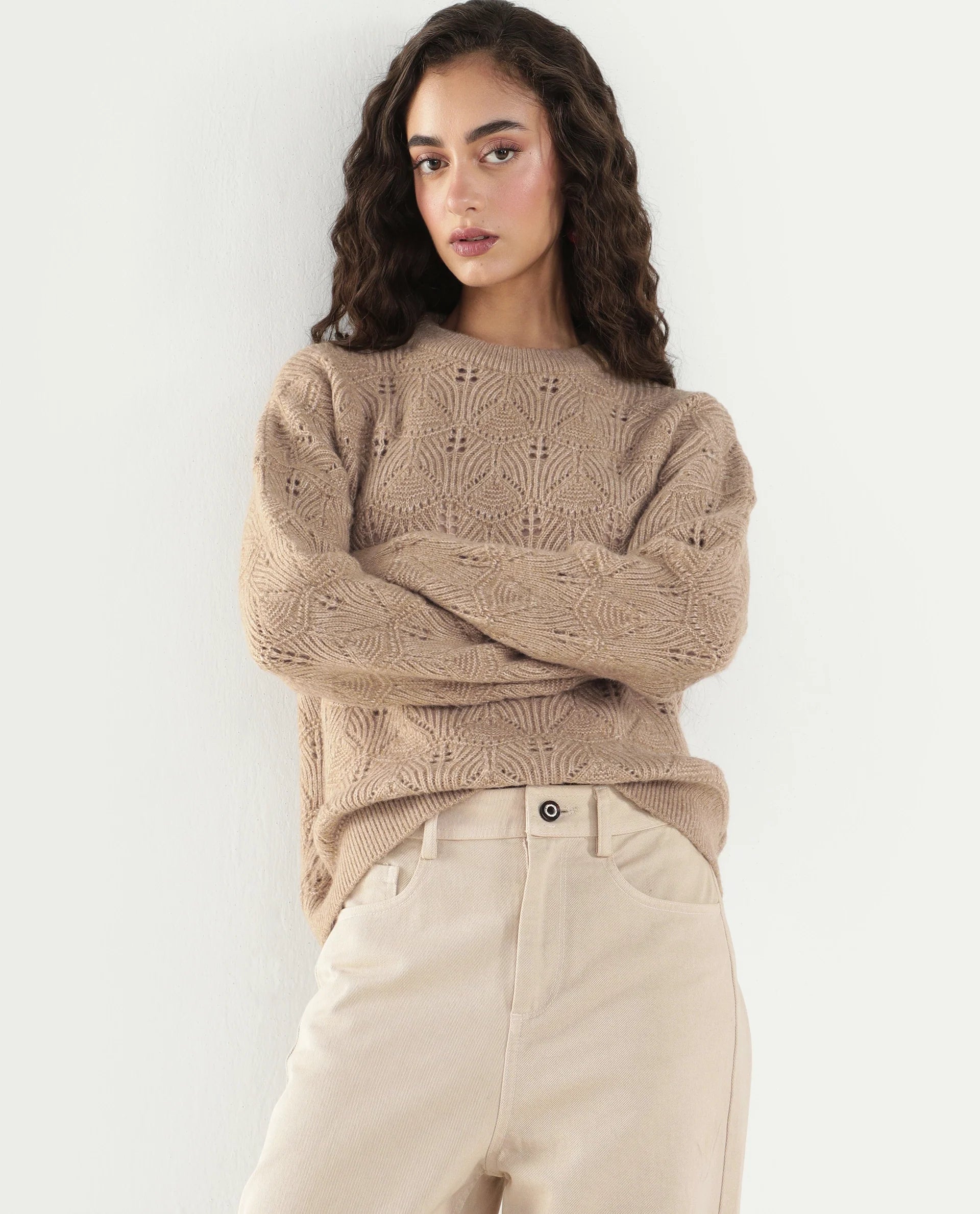 Rareism Women's Lan-Rsm Dark Beige Acrylic Blend Pull-On Relaxed Fit Sweater