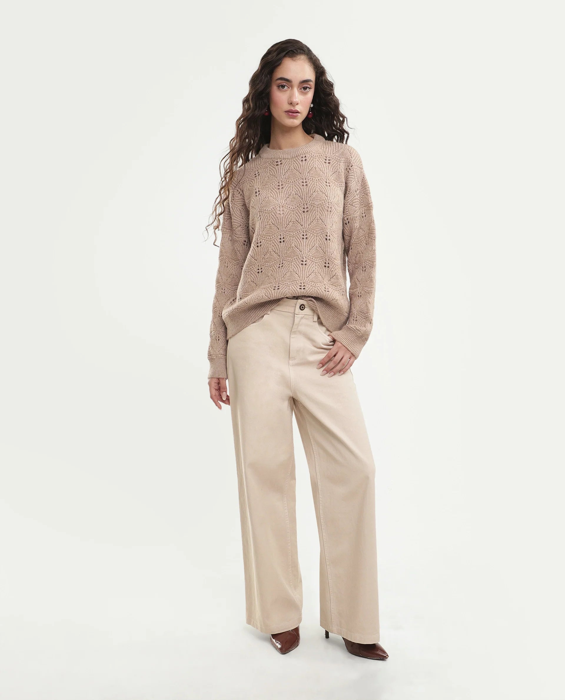 Rareism Women's Lan-Rsm Dark Beige Acrylic Blend Pull-On Relaxed Fit Sweater
