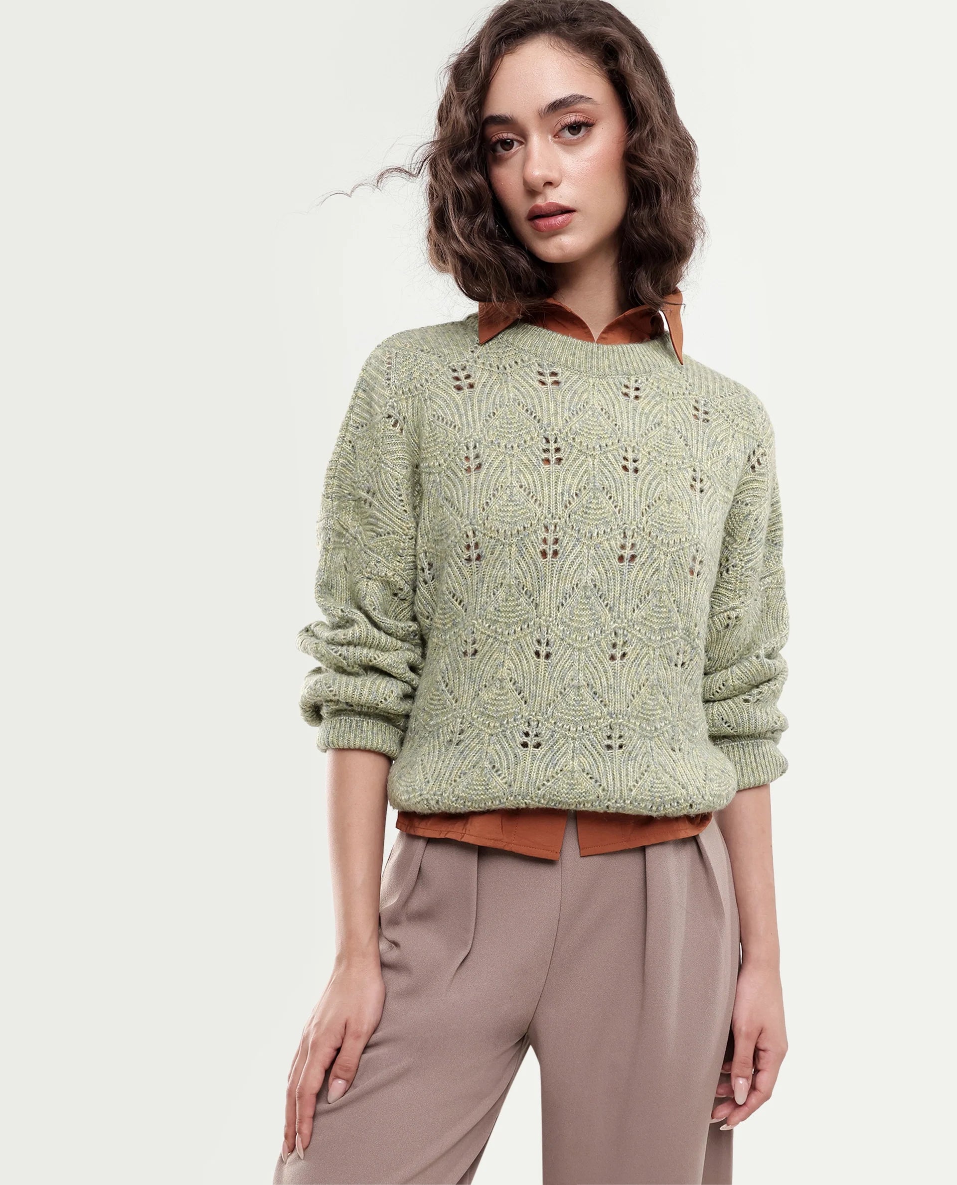 Rareism Women's Lan-Rsm Light Olive Acrylic Blend Pull-On Relaxed Fit Sweater