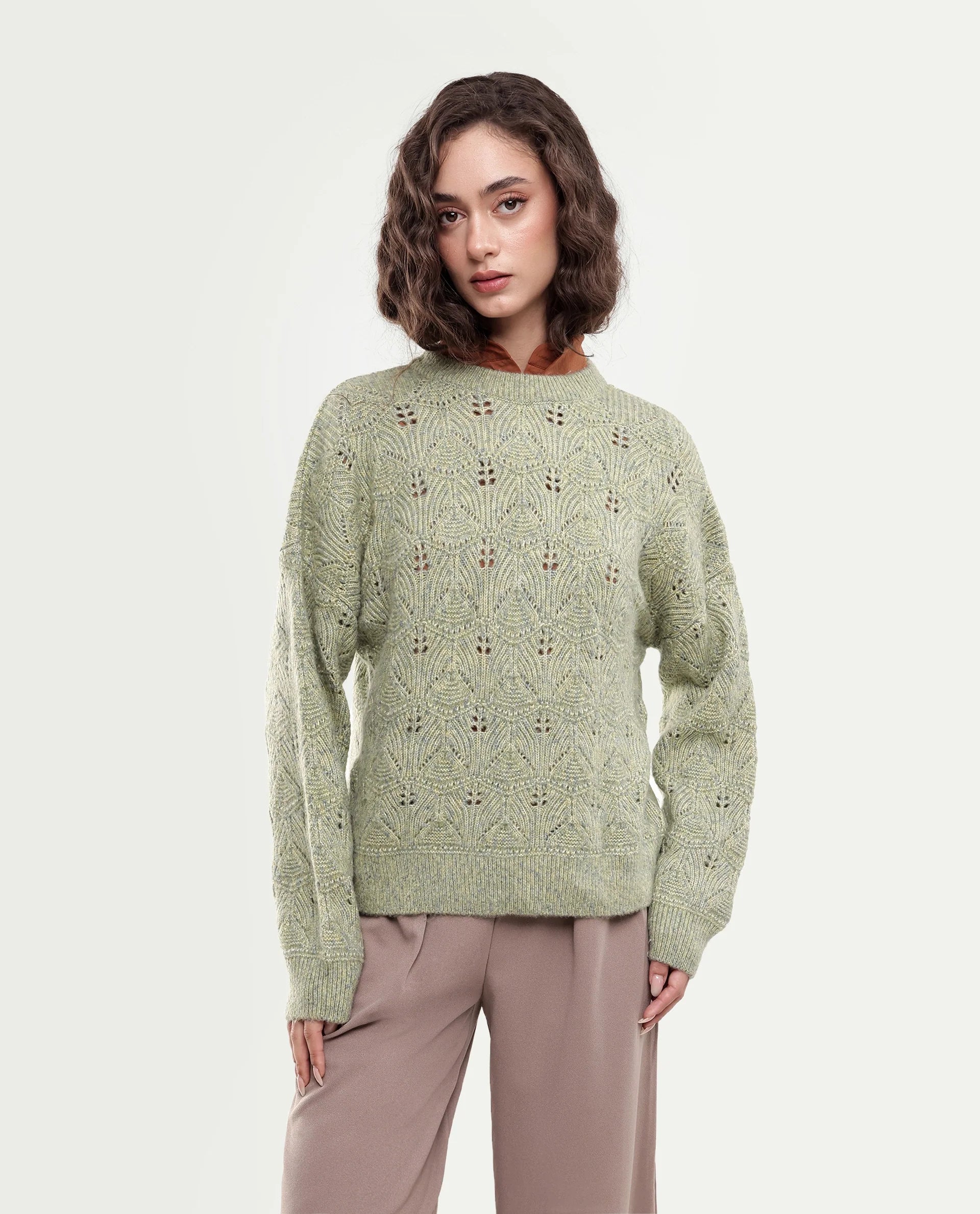 Rareism Women's Lan-Rsm Light Olive Acrylic Blend Pull-On Relaxed Fit Sweater