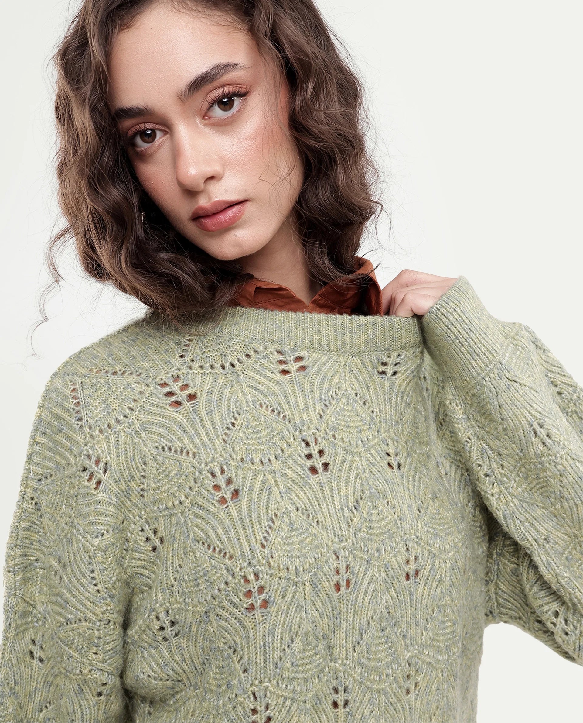 Rareism Women's Lan-Rsm Light Olive Acrylic Blend Pull-On Relaxed Fit Sweater