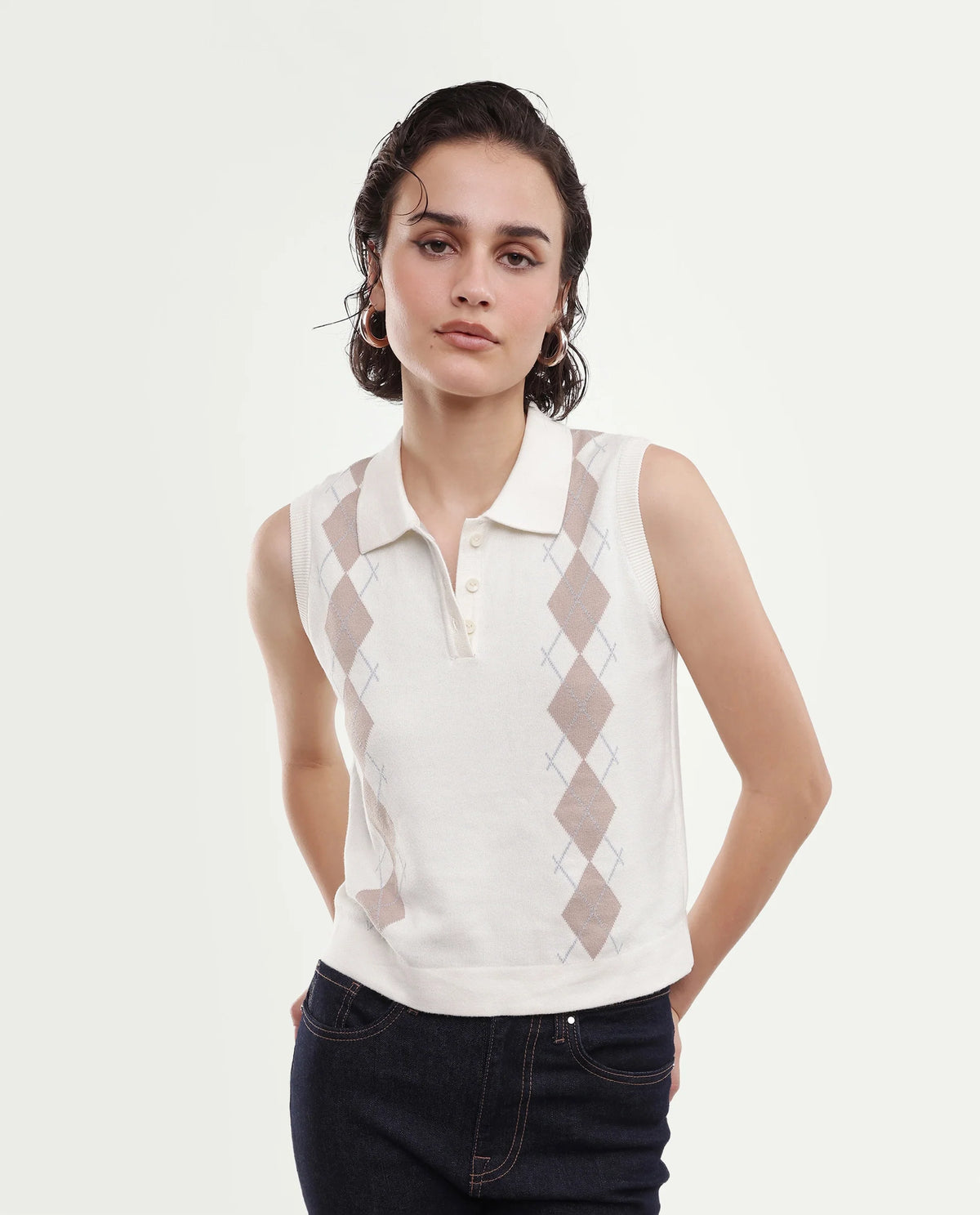Rareism Women's Lango-A Off White Cotton Button Regular Fit Jacquard Polo