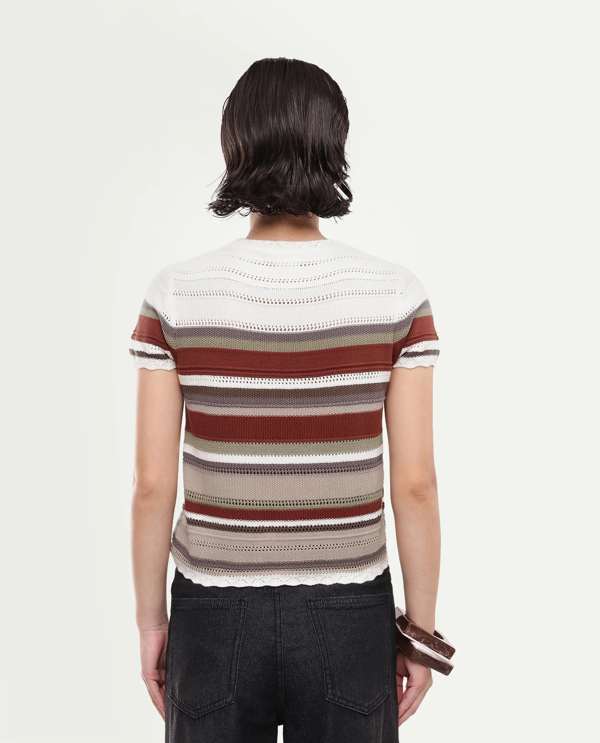 Rareism Women's Loco Off White Cotton Pull-On Relaxed Fit Striped Top