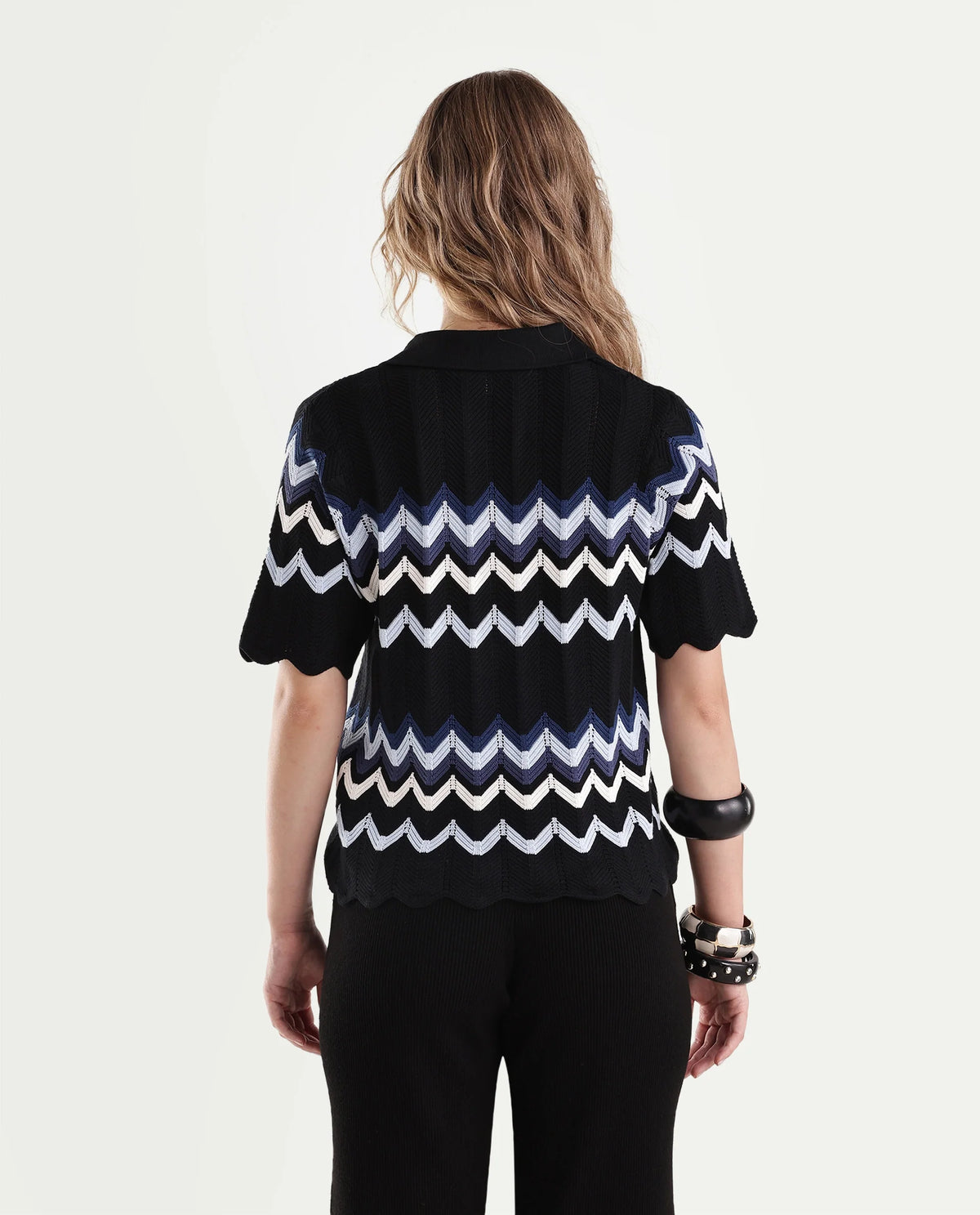 Rareism Women's Nuploaw26 Black Cotton Pull-On Regular Fit Striped Polo