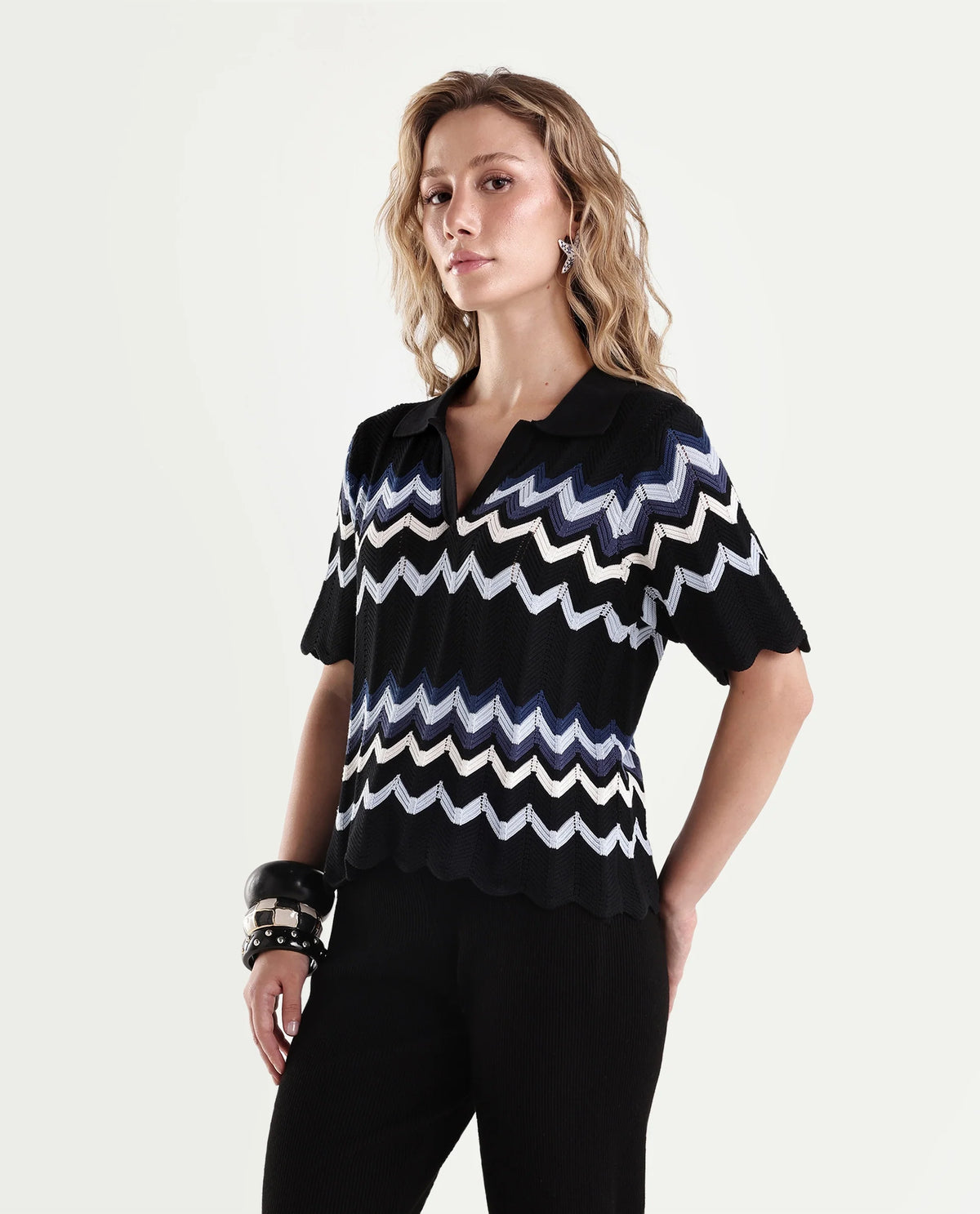 Rareism Women's Nuploaw26 Black Cotton Pull-On Regular Fit Striped Polo