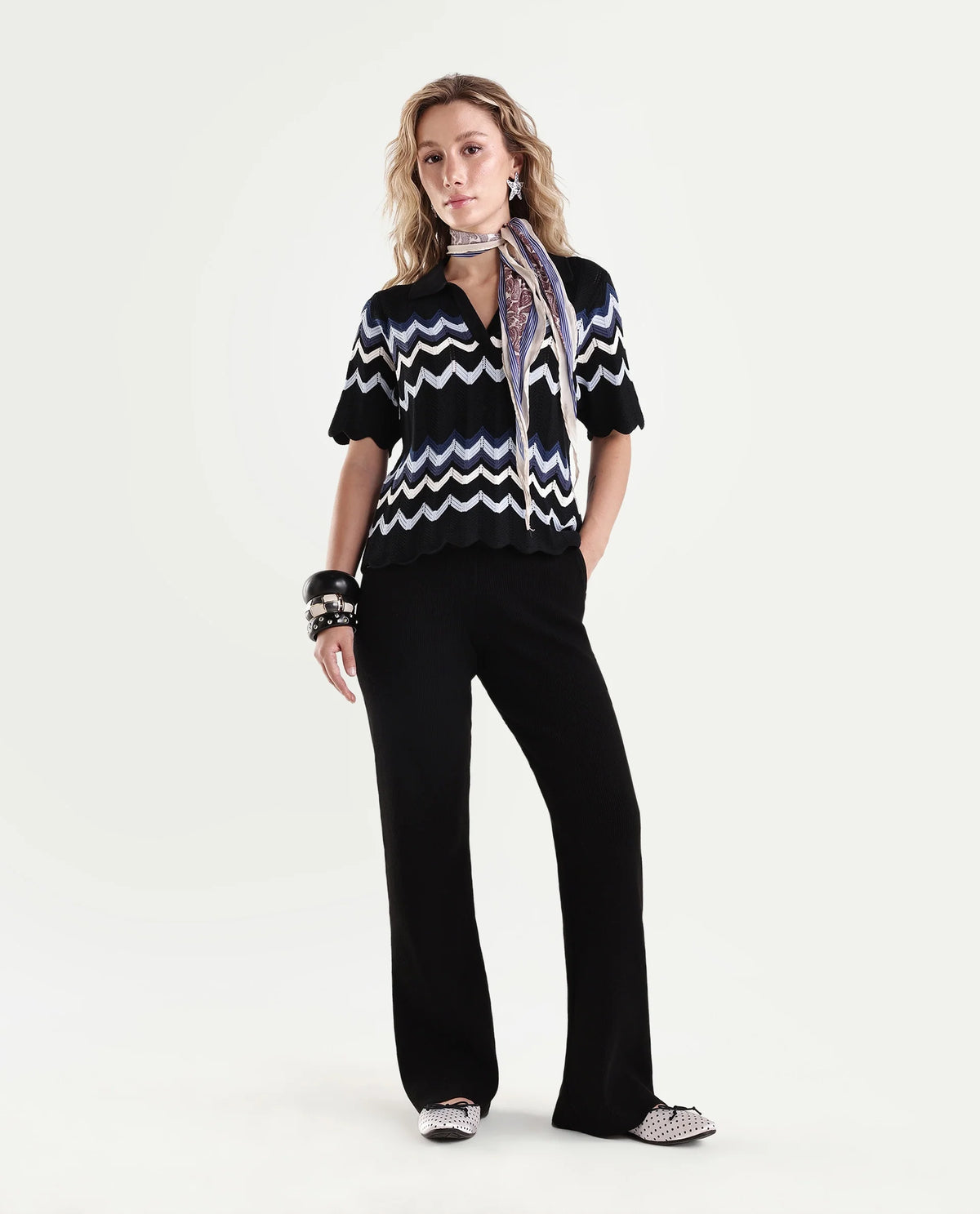 Rareism Women's Nuploaw26 Black Cotton Pull-On Regular Fit Striped Polo