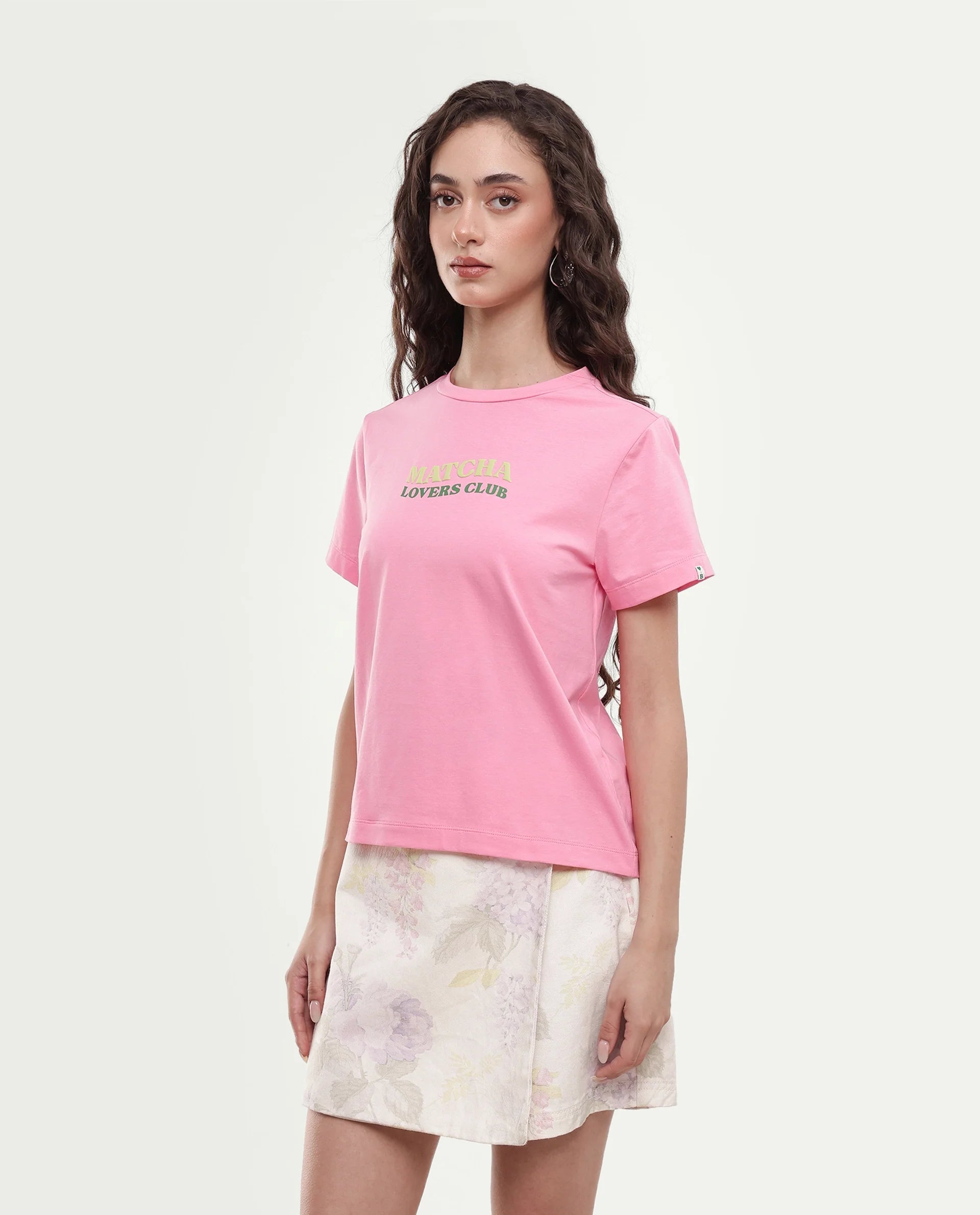 Rareism Women's Breeon Light Pink Typography Print Cotton Blend Regular Short Sleeves T-Shirt