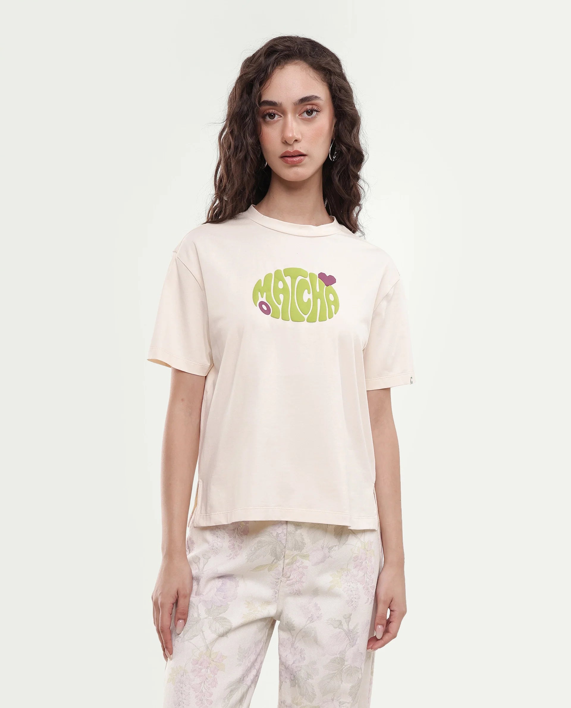 Rareism Women's Breebo Light Beige Typography Cotton Blend Relaxed Short Sleeves T-Shirt
