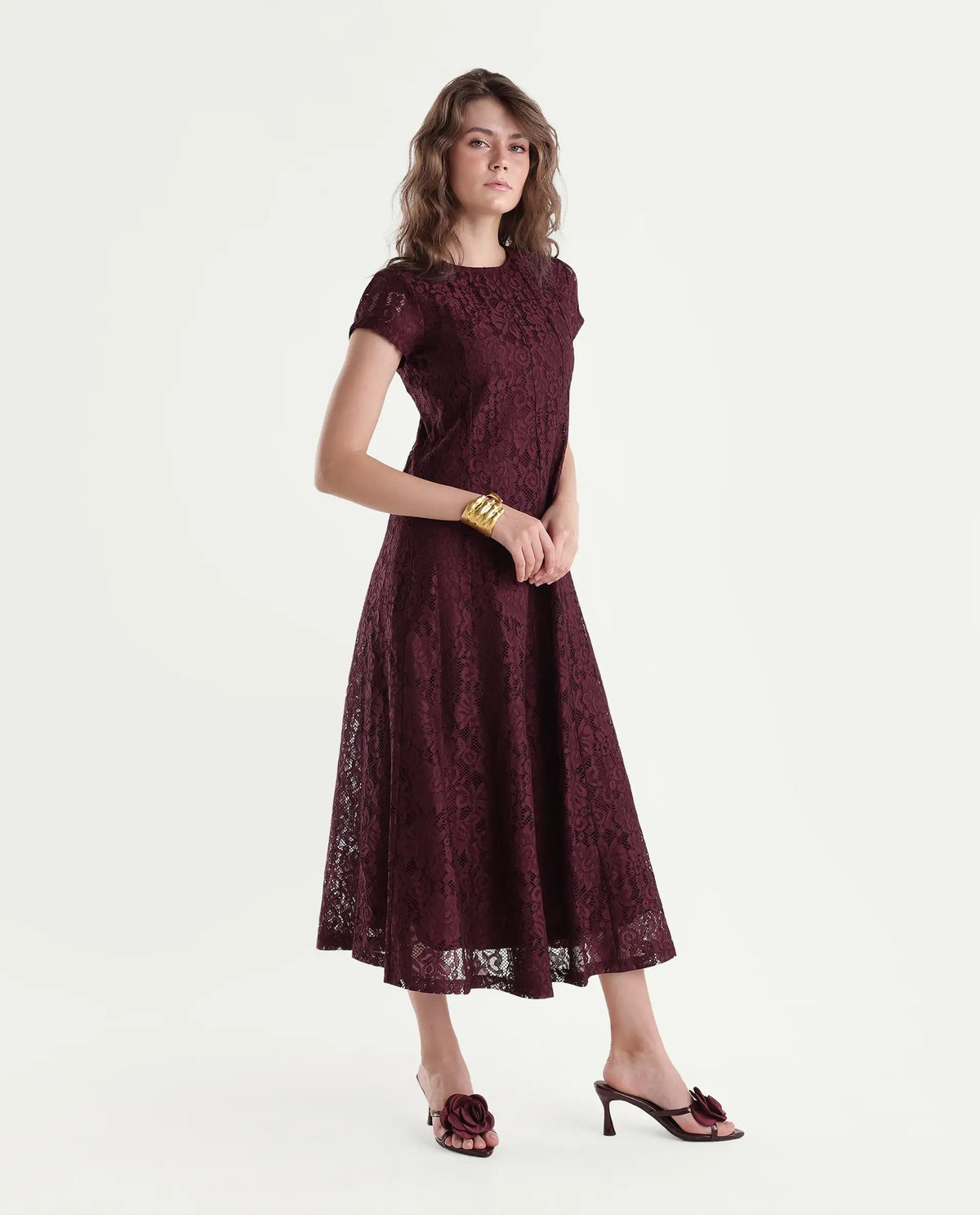 Rareism Women's Ghana MAROON Nylon Zipper Fit And Flare Dress