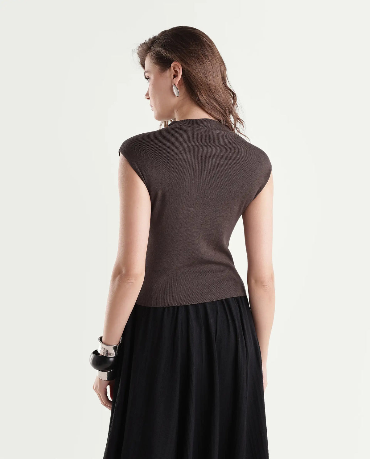 Rareism Women's Livon Dark Brown Viscose Blend Pull-On Regular Fit Plain Top