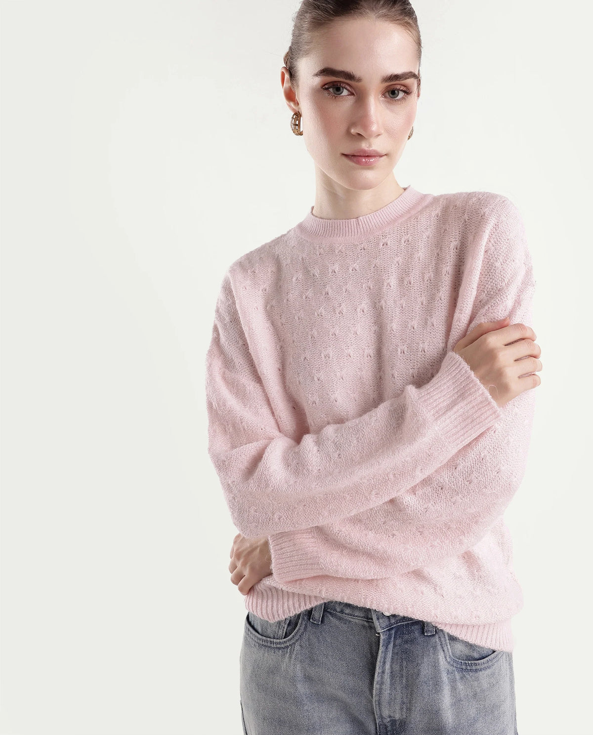 Rareism Women's Liset Dusky Pink Acrylic Blend Pull-On Relaxed Fit Sweater - image 1