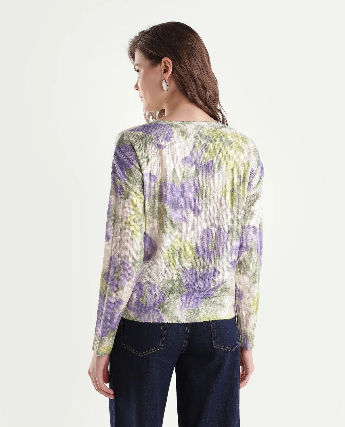Rareism Women's Lassy Light Multi Acrylic Blend Pull-On Relaxed Fit Floral Print Sweater